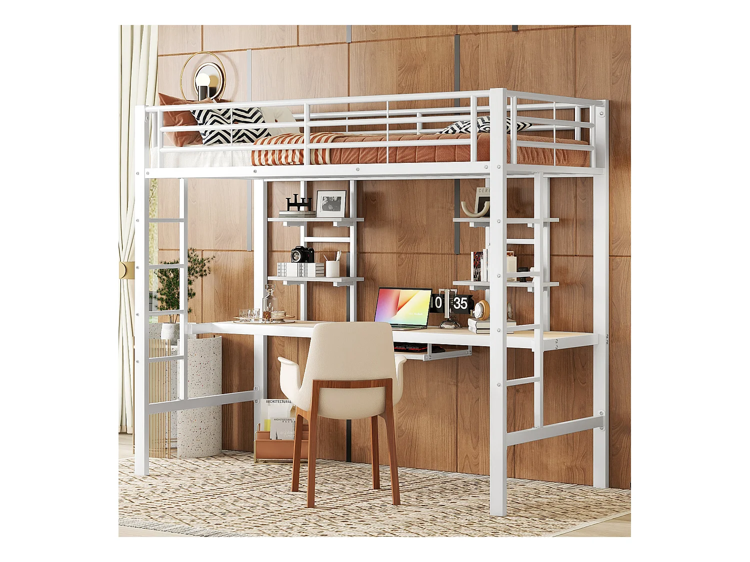 Cama alta 90 x 200 cm com secretária e 2 prateleiras - Metal - Base de ripas - Branca (sem colchão)