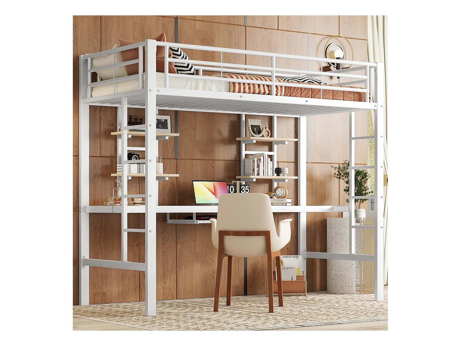 Cama alta 90 x 200 cm com secretária e 2 prateleiras - Metal - Base de ripas - Branca (sem colchão)