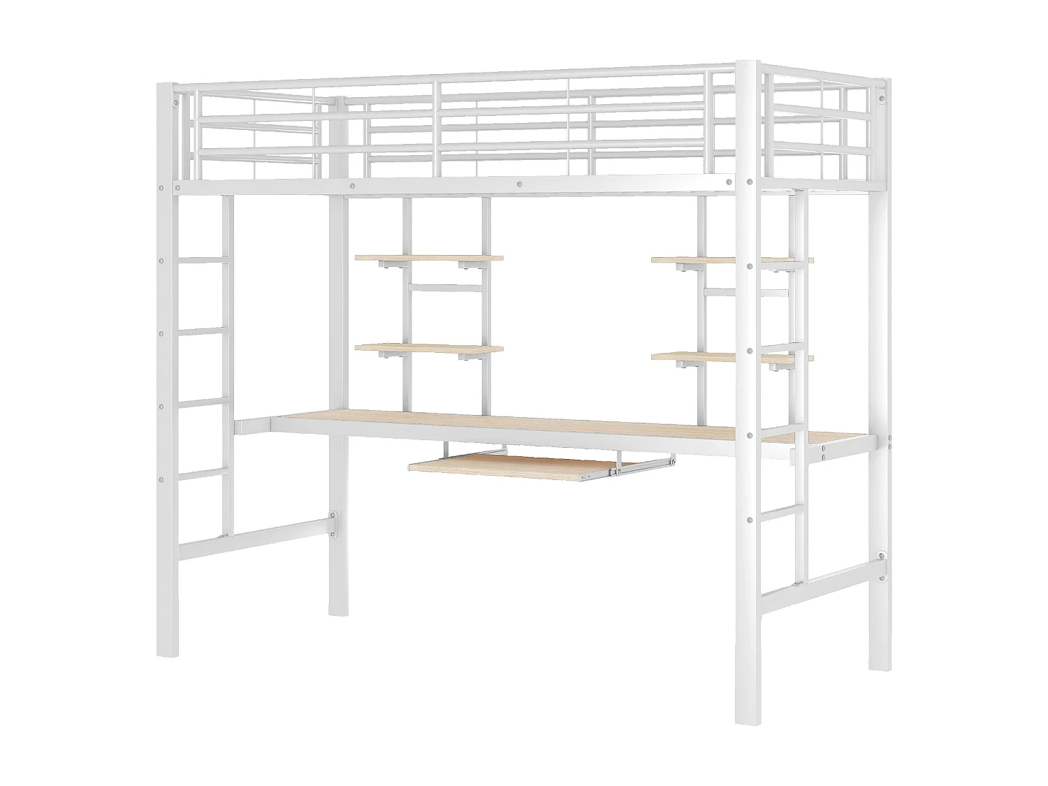 Cama alta 90 x 200 cm com secretária e 2 prateleiras - Metal - Base de ripas - Branca (sem colchão)