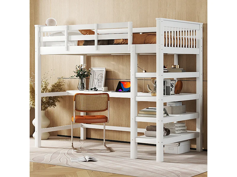 Hoogslaper 90 x 200 cm met bureau en opbergplanken - Grenenhout + MDF - Wit