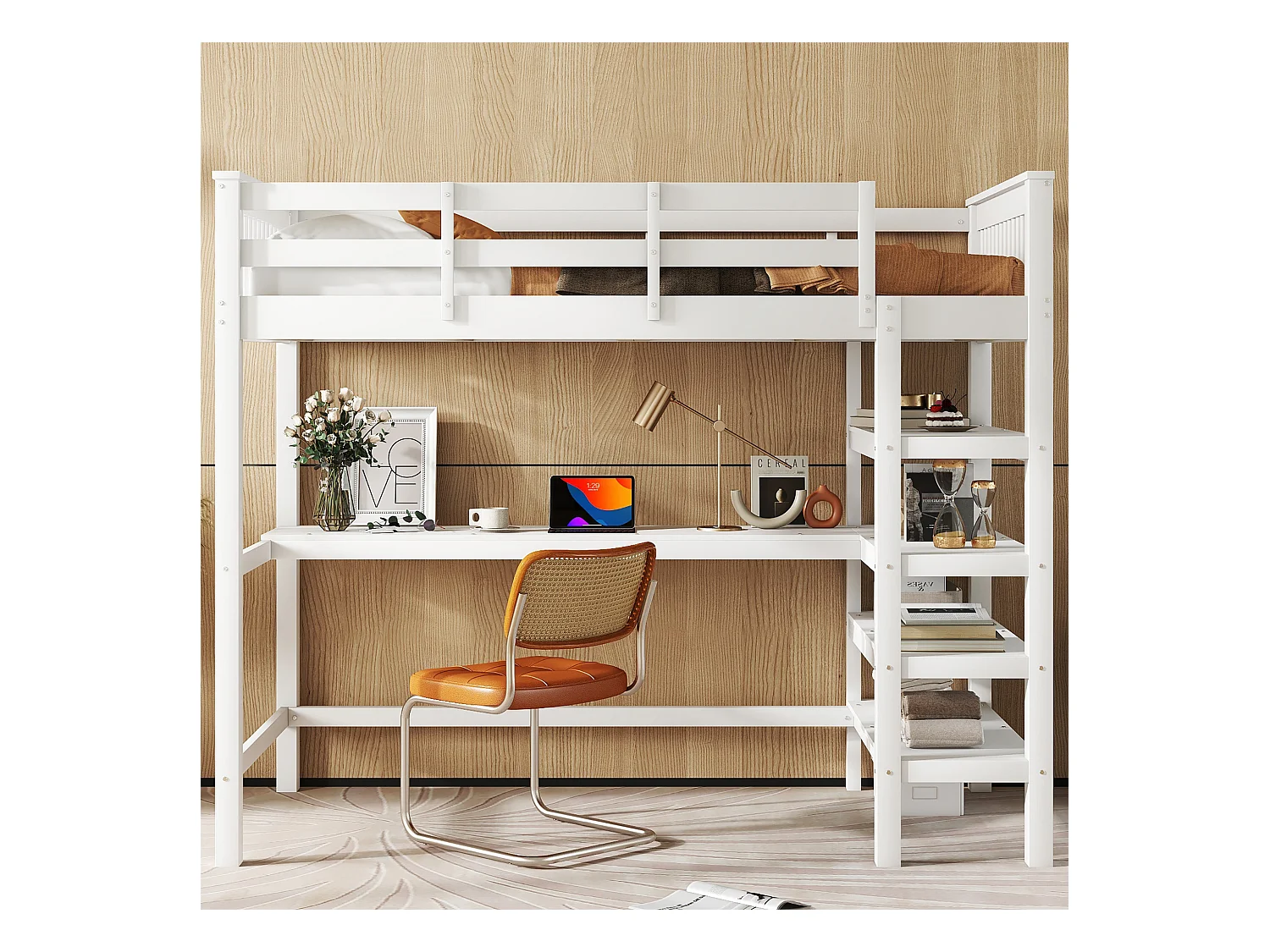 Lit mezzanine 90 x 200 cm avec bureau et étagères de rangement - Bois de pin + MDF - Blanc