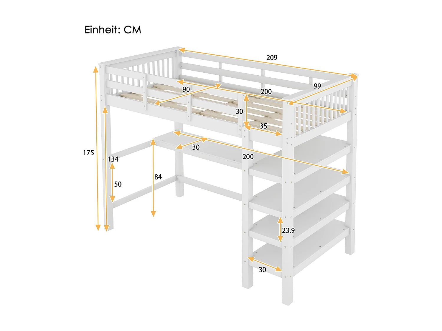 Lit mezzanine 90 x 200 cm avec bureau et étagères de rangement - Bois de pin + MDF - Blanc