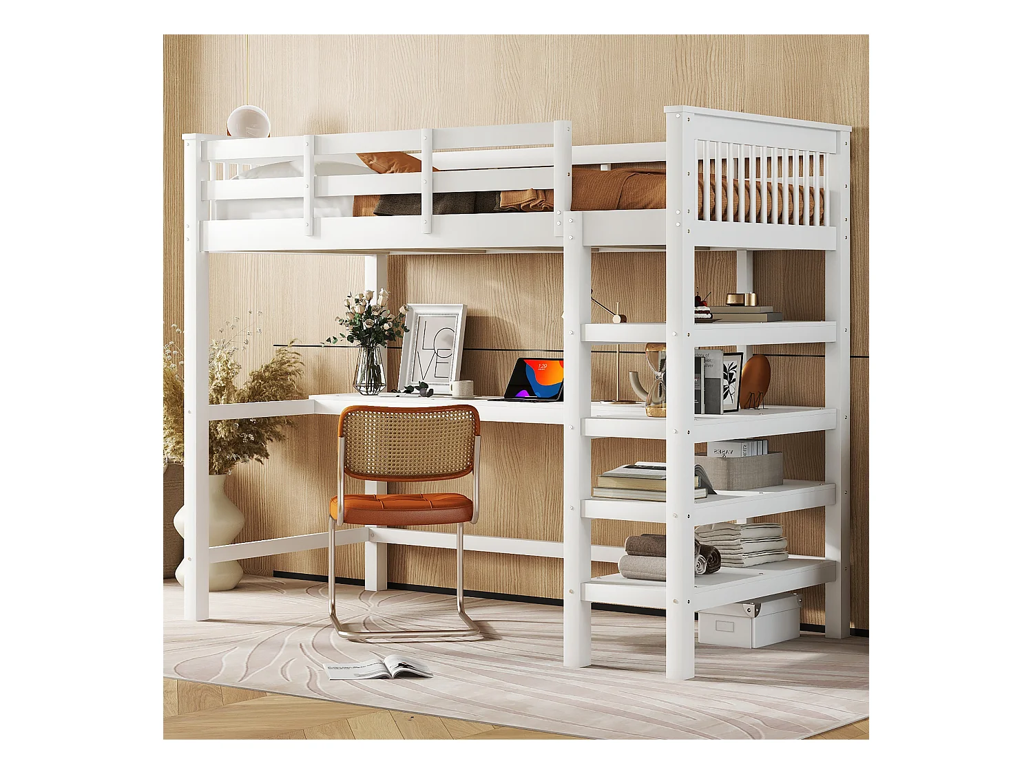 Hoogslaper 90 x 200 cm met bureau en opbergplanken - Grenenhout + MDF - Wit