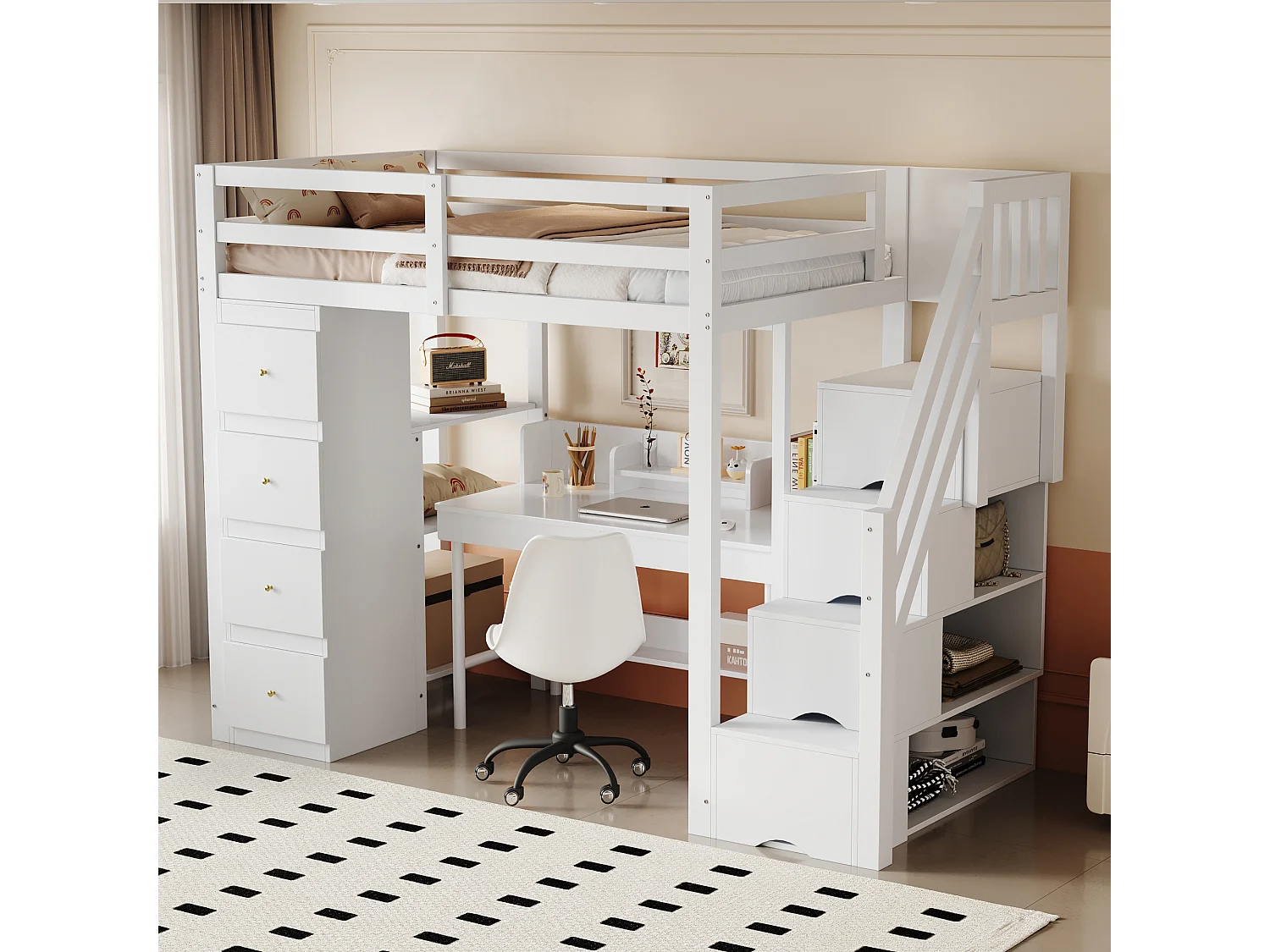 Lit mezzanine 90 x 200 cm avec 4 tiroirs, 4 portes et étagères de rangements - Bois massif + MDF - Sommier à lattes - Blanc