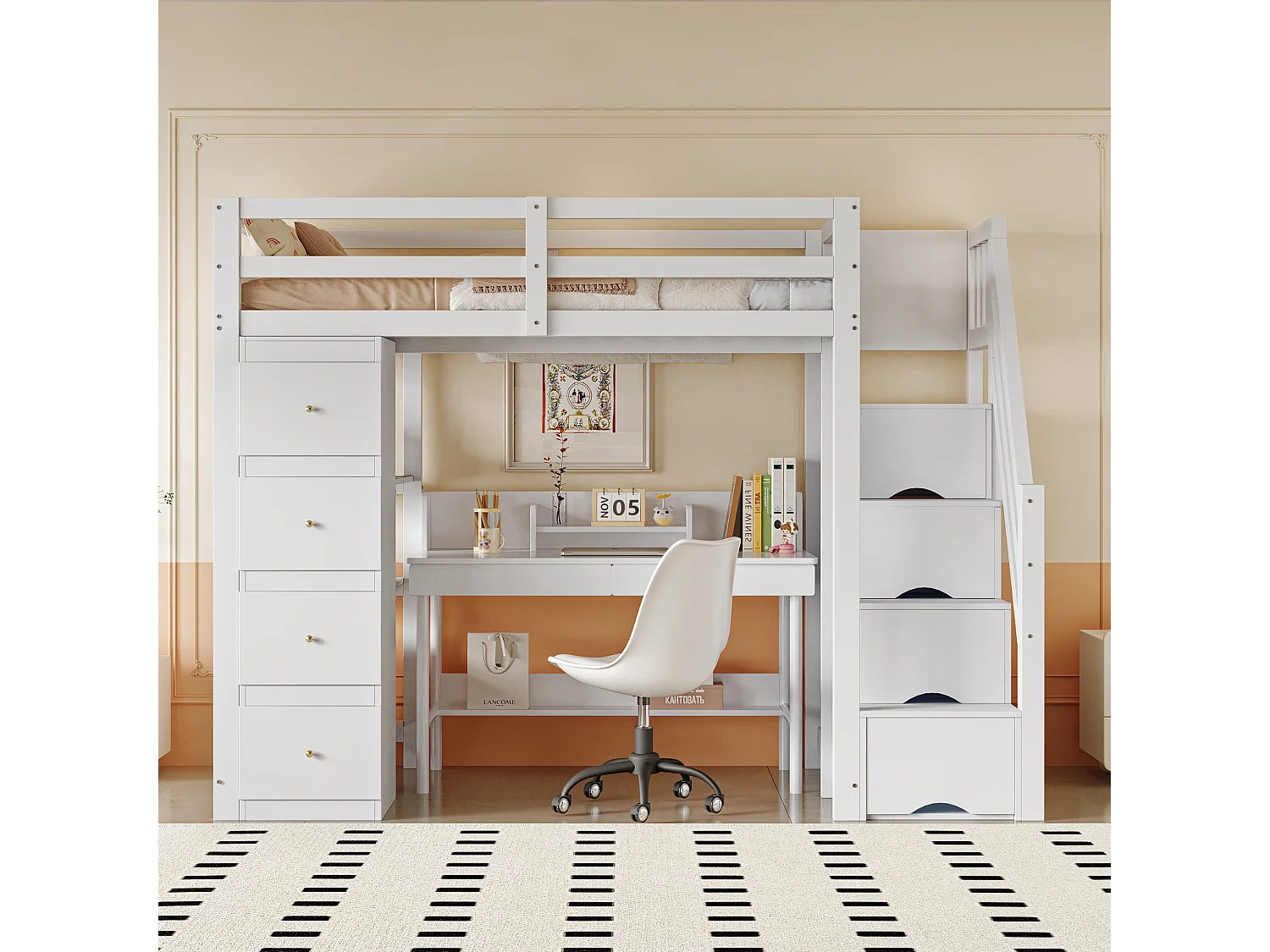 Lit mezzanine 90 x 200 cm avec 4 tiroirs, 4 portes et étagères de rangements - Bois massif + MDF - Sommier à lattes - Blanc