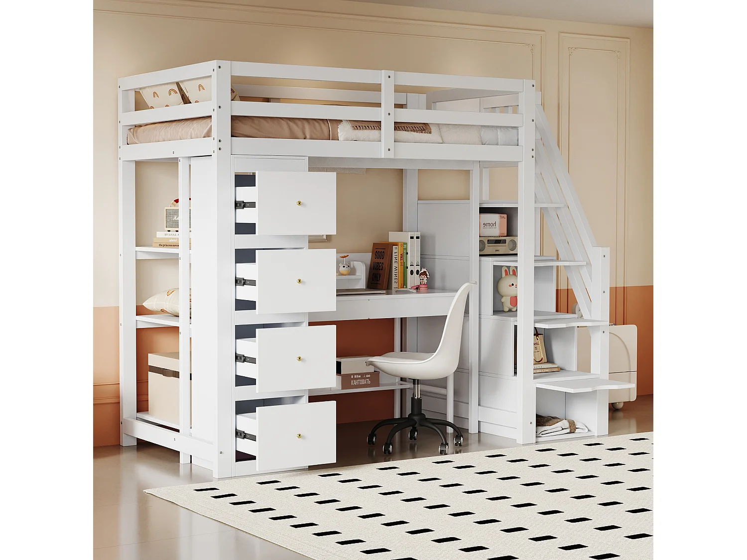 Lit mezzanine 90 x 200 cm avec 4 tiroirs, 4 portes et étagères de rangements - Bois massif + MDF - Sommier à lattes - Blanc