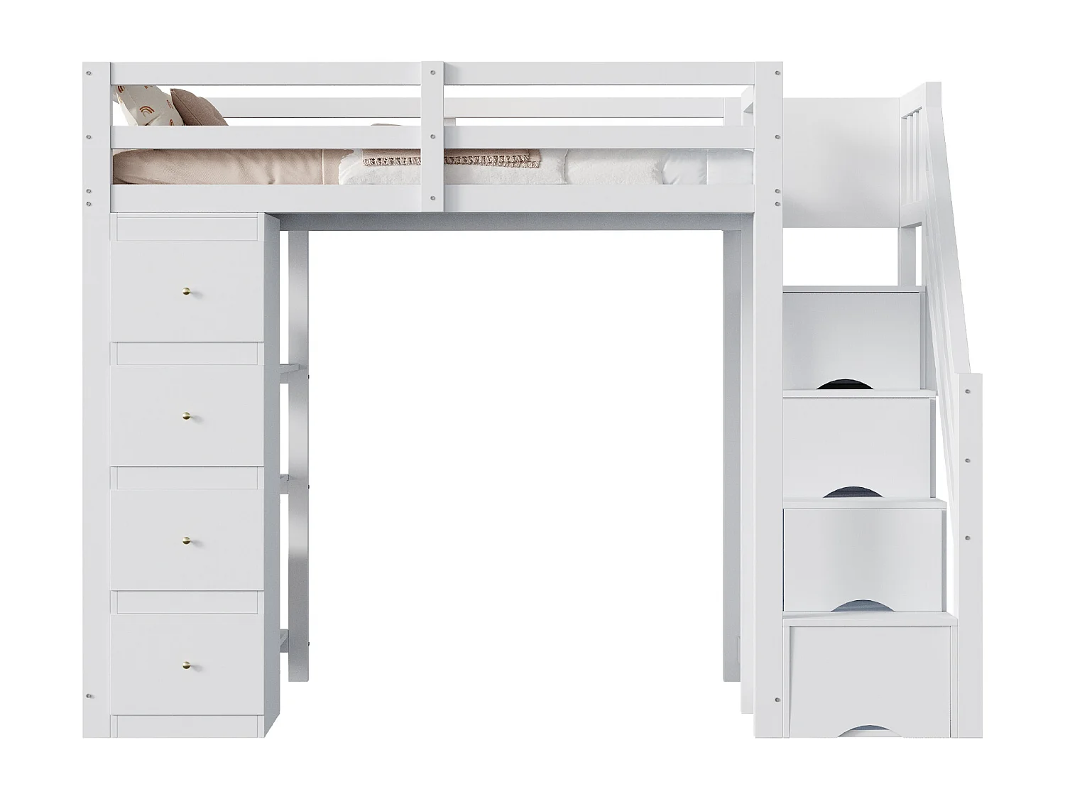 Lit mezzanine 90 x 200 cm avec 4 tiroirs, 4 portes et étagères de rangements - Bois massif + MDF - Sommier à lattes - Blanc