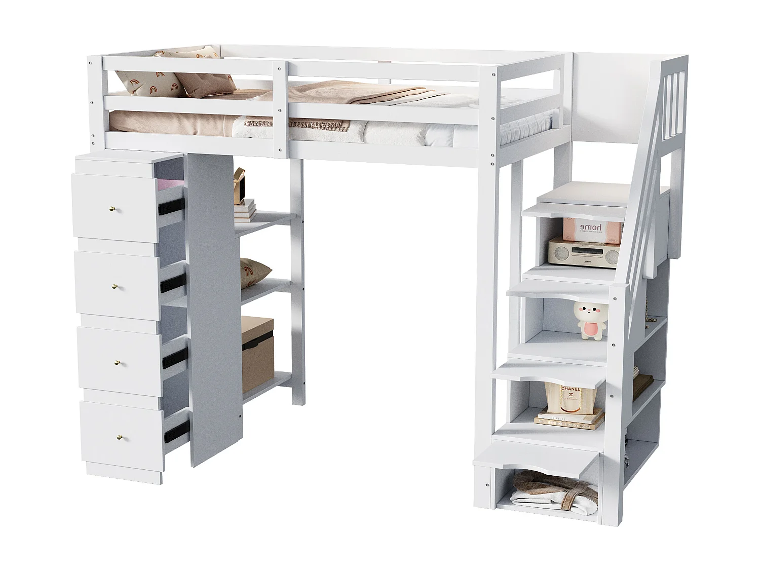 Lit mezzanine 90 x 200 cm avec 4 tiroirs, 4 portes et étagères de rangements - Bois massif + MDF - Sommier à lattes - Blanc