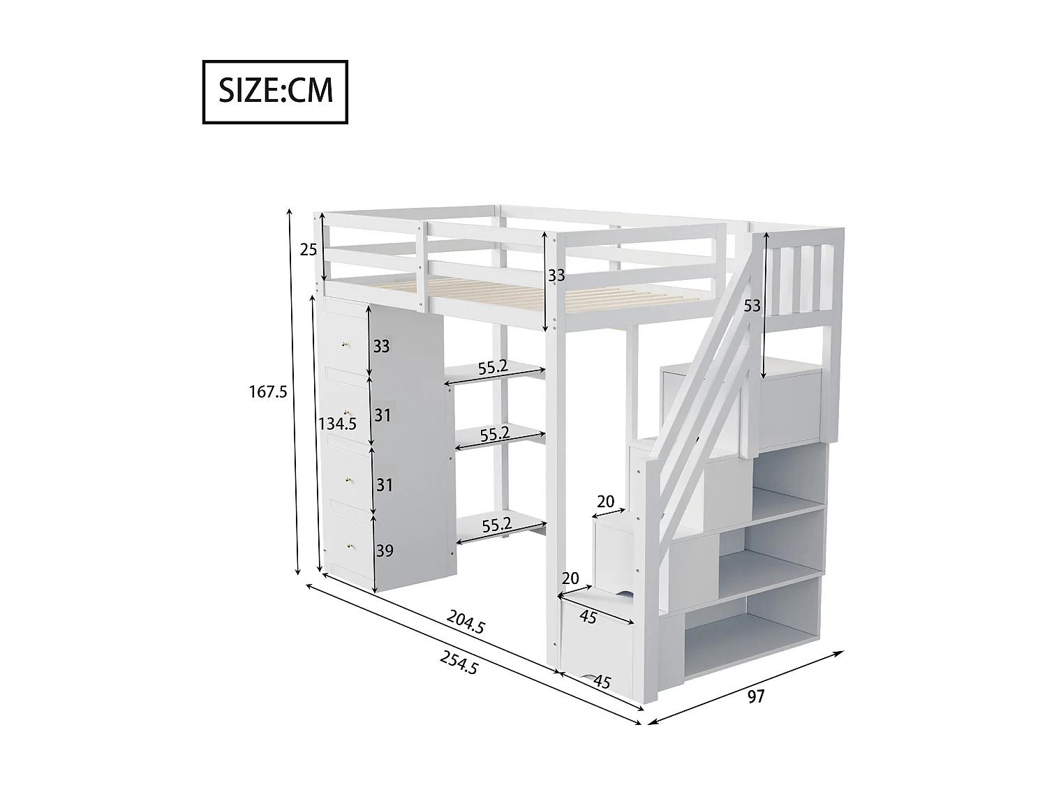 Lit mezzanine 90 x 200 cm avec 4 tiroirs, 4 portes et étagères de rangements - Bois massif + MDF - Sommier à lattes - Blanc