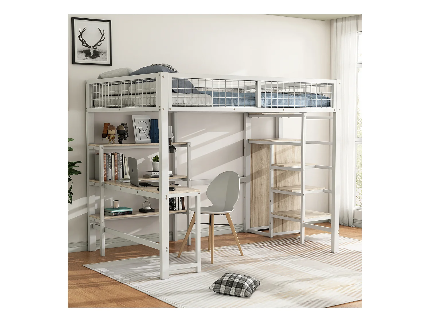 Lit mezzanine 140 x 200 cm avec bureau en L, armoire et étagères - Métal + MDF - Sommier à lattes - Blanc (sans matelas)