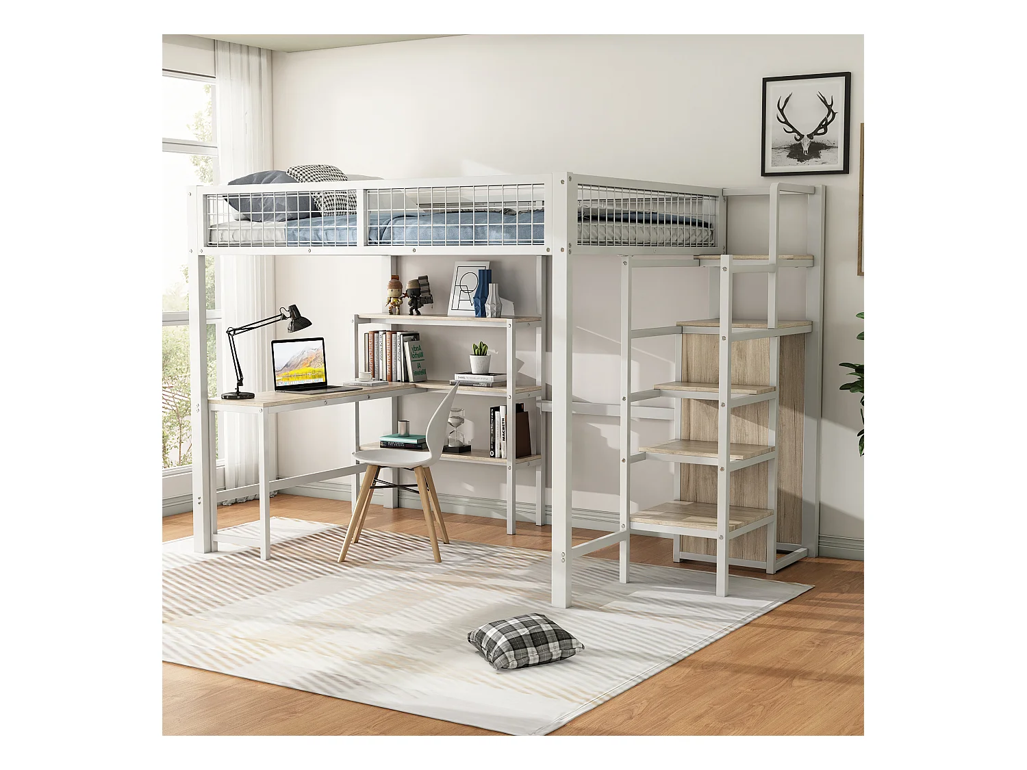 Lit mezzanine 140 x 200 cm avec bureau en L, armoire et étagères - Métal + MDF - Sommier à lattes - Blanc (sans matelas)