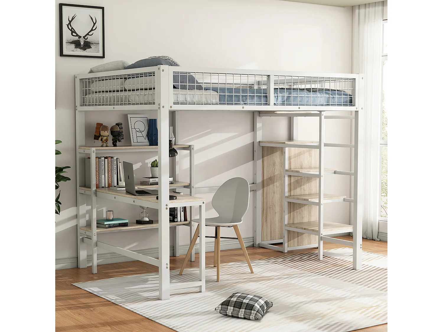 Hoogslaper 140 x 200 cm met L-vormig bureau, kledingkast en planken - Metaal + MDF - Lattenbodem - Wit (zonder matras)