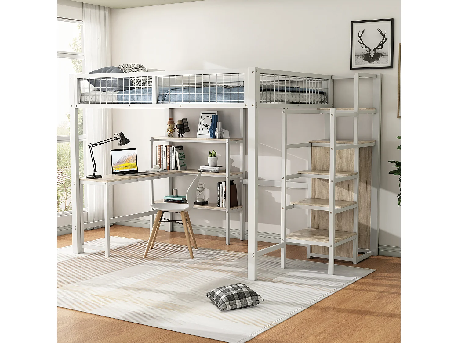 Hoogslaper 140 x 200 cm met L-vormig bureau, kledingkast en planken - Metaal + MDF - Lattenbodem - Wit (zonder matras)