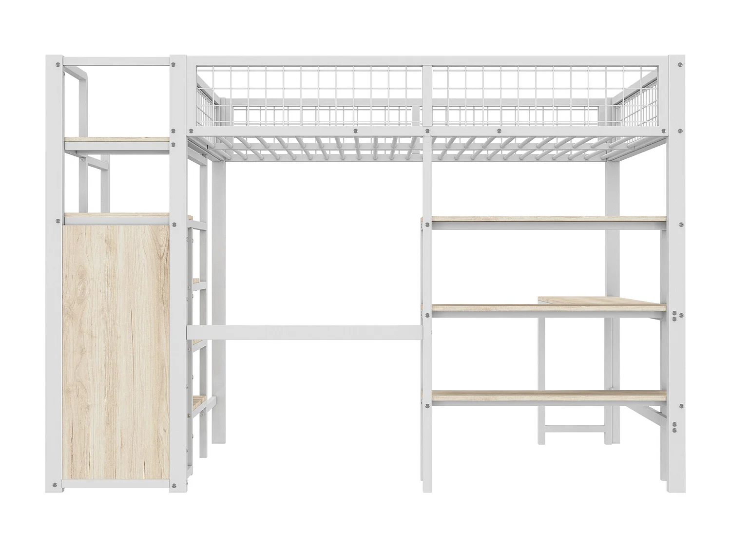 Hoogslaper 140 x 200 cm met L-vormig bureau, kledingkast en planken - Metaal + MDF - Lattenbodem - Wit (zonder matras)
