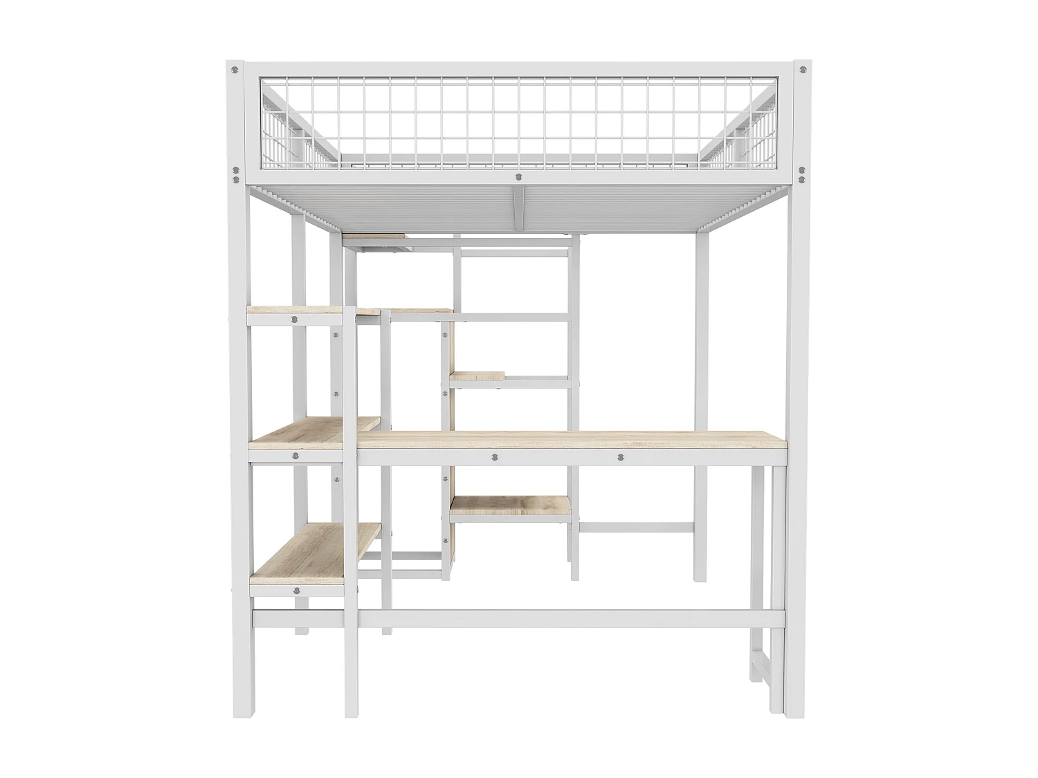Hoogslaper 140 x 200 cm met L-vormig bureau, kledingkast en planken - Metaal + MDF - Lattenbodem - Wit (zonder matras)