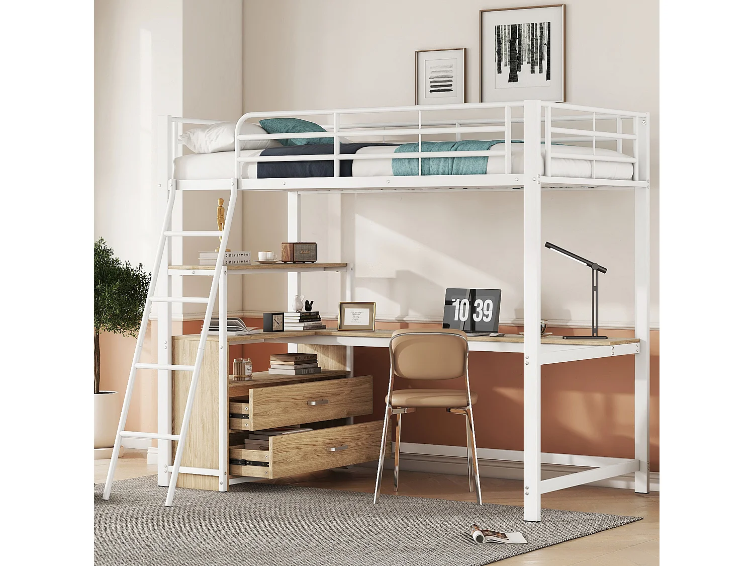 Lit mezzanine 90 x 200 cm avec bureau en L - 2 tiroirs et étagère - Métal+MDF - Sommier à lattes - Blanc (sans matelas)