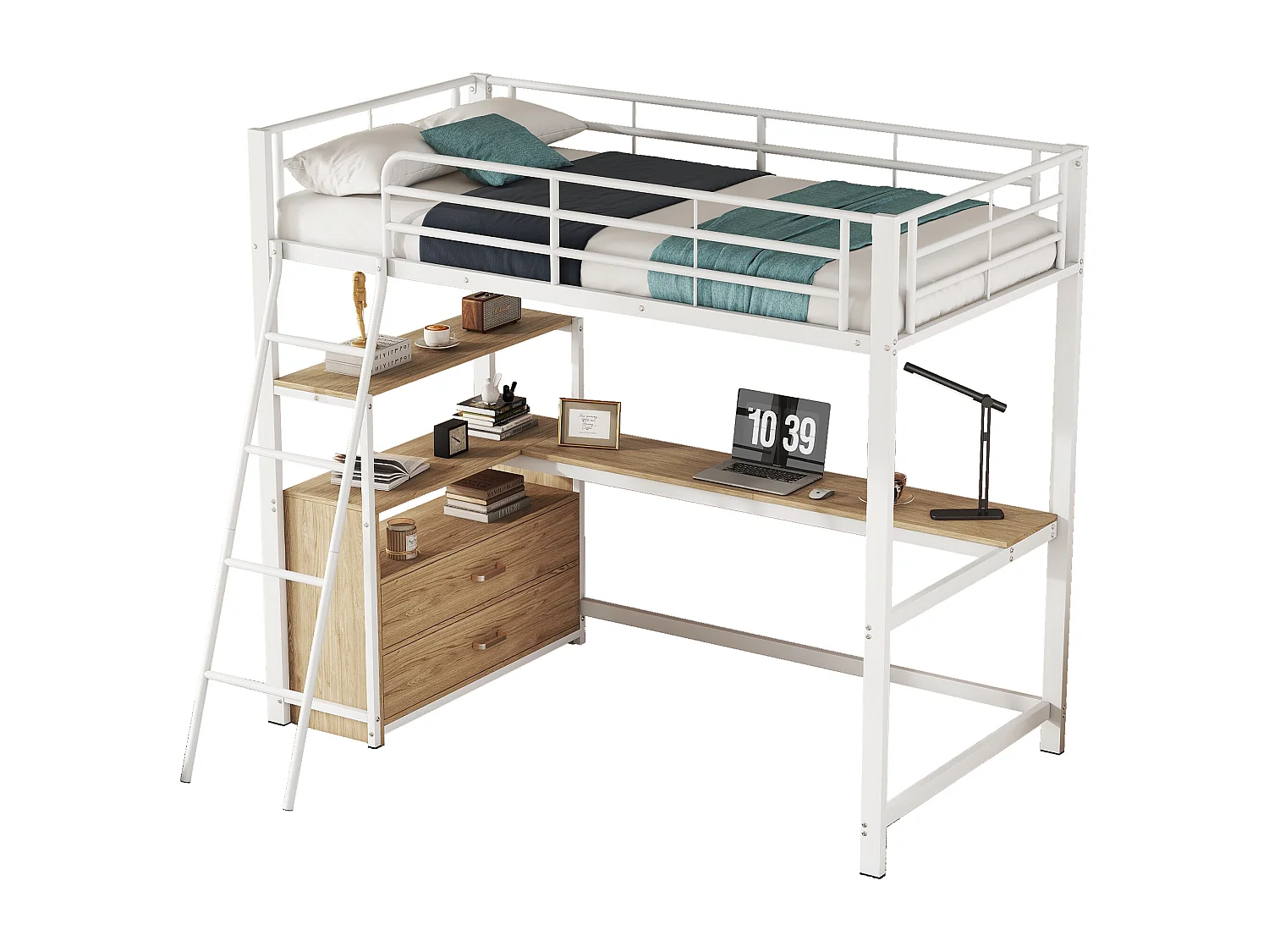 Lit mezzanine 90 x 200 cm avec bureau en L - 2 tiroirs et étagère - Métal+MDF - Sommier à lattes - Blanc (sans matelas)