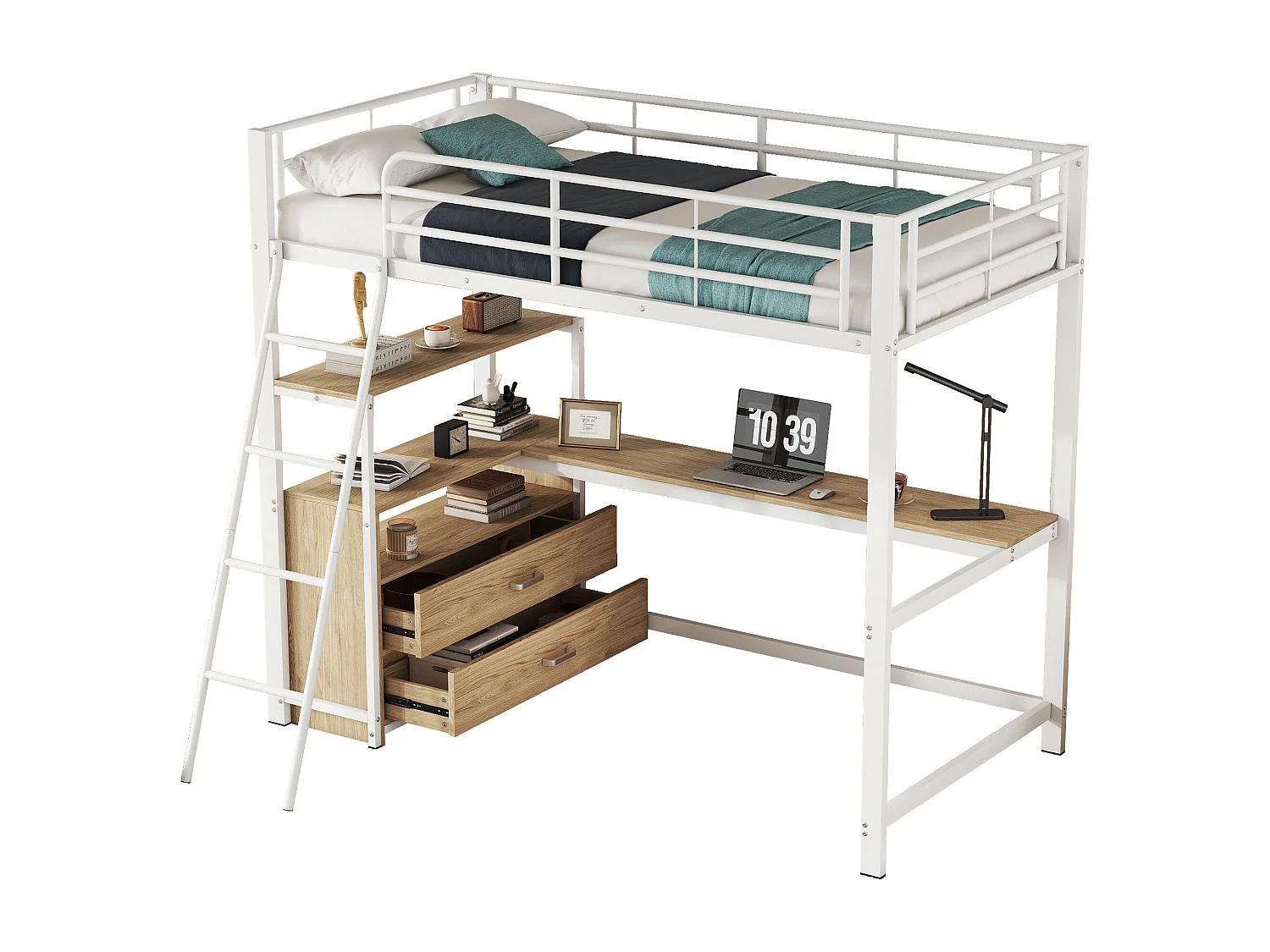 Lit mezzanine 90 x 200 cm avec bureau en L - 2 tiroirs et étagère - Métal+MDF - Sommier à lattes - Blanc (sans matelas)