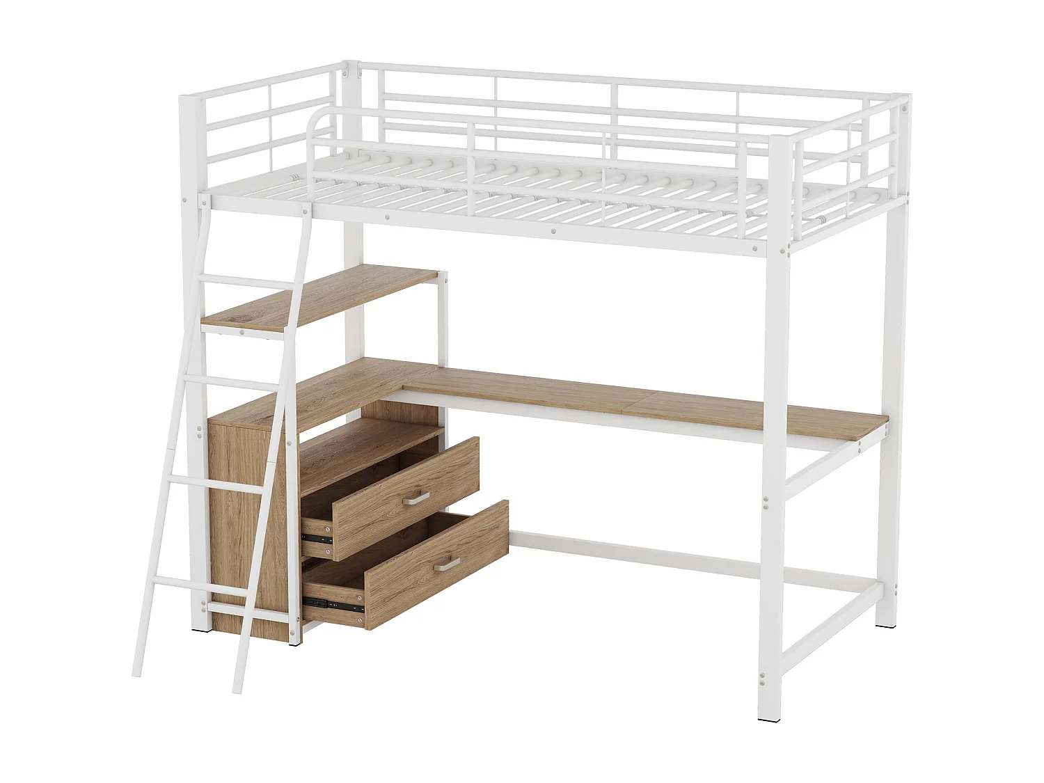 Lit mezzanine 90 x 200 cm avec bureau en L - 2 tiroirs et étagère - Métal+MDF - Sommier à lattes - Blanc (sans matelas)