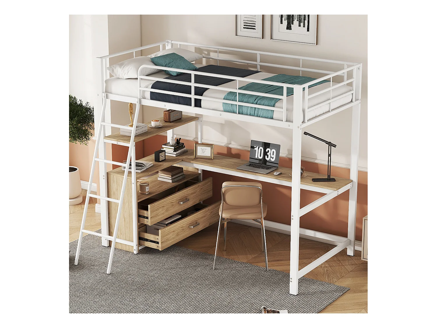 Hoogslaper 90 x 200 cm met L-vormig bureau - 2 lades en plank - Metaal + MDF - Lattenbodem - Wit (zonder matras)