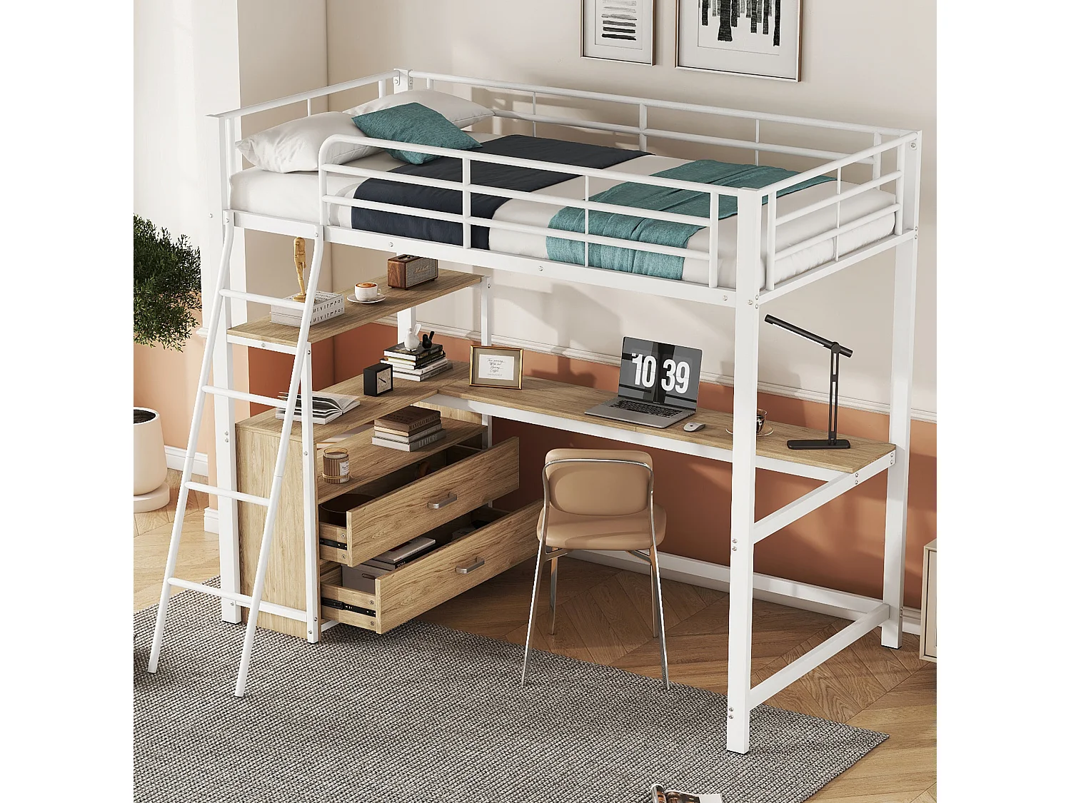 Lit mezzanine 90 x 200 cm avec bureau en L - 2 tiroirs et étagère - Métal+MDF - Sommier à lattes - Blanc (sans matelas)