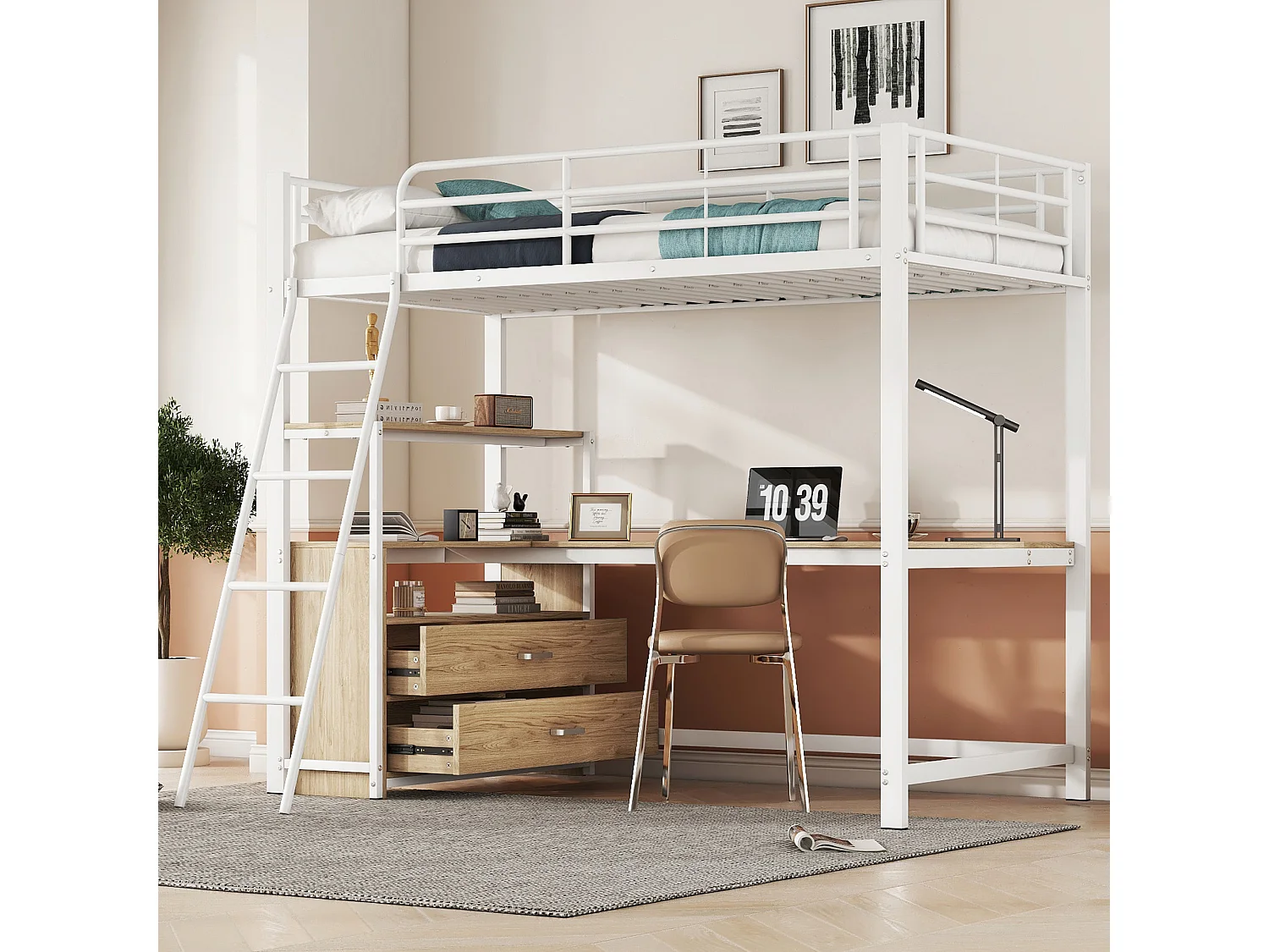 Lit mezzanine 90 x 200 cm avec bureau en L - 2 tiroirs et étagère - Métal+MDF - Sommier à lattes - Blanc (sans matelas)