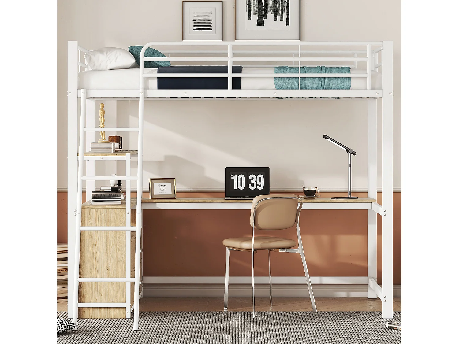 Lit mezzanine 90 x 200 cm avec bureau en L - 2 tiroirs et étagère - Métal+MDF - Sommier à lattes - Blanc (sans matelas)