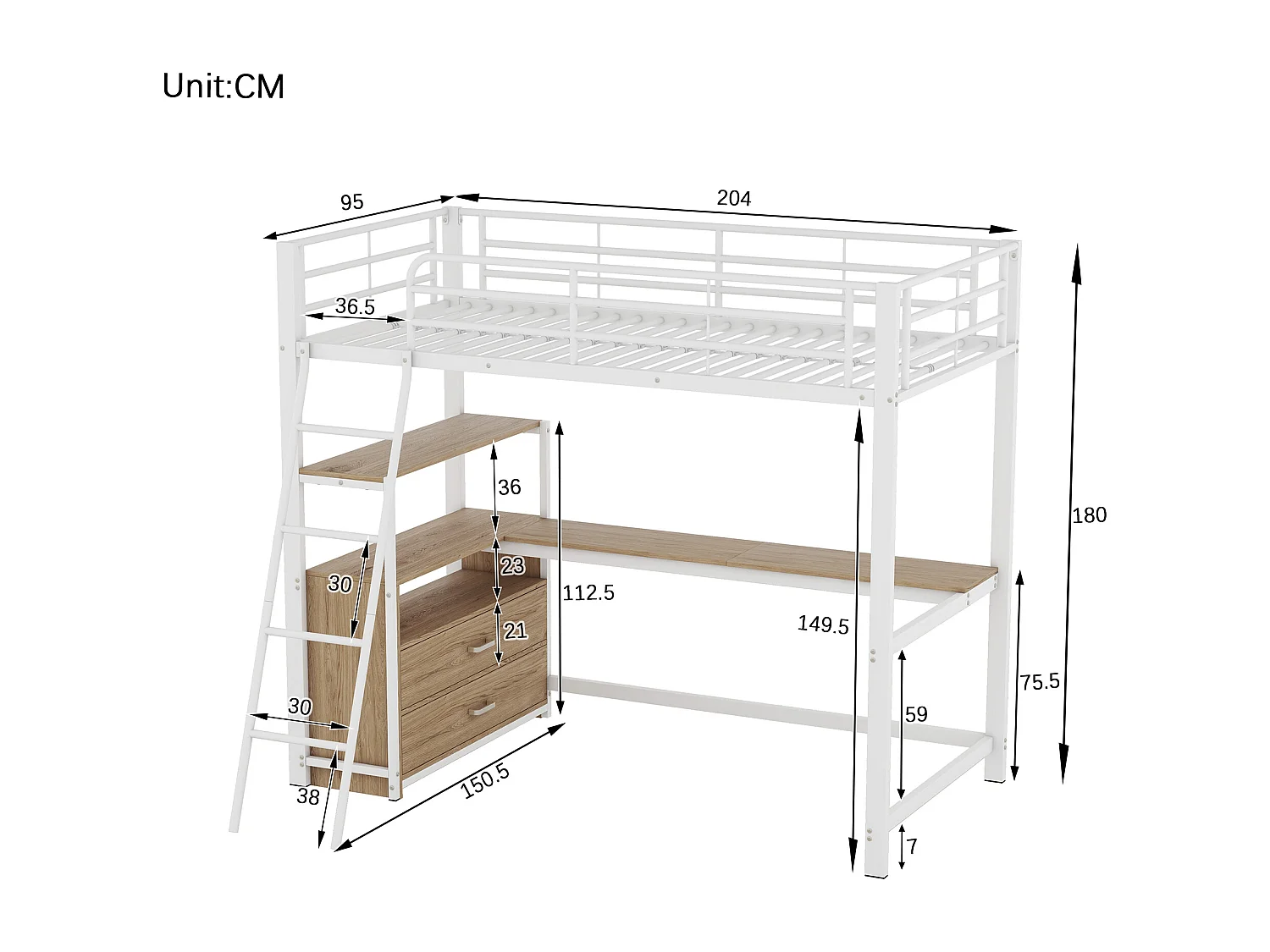 Lit mezzanine 90 x 200 cm avec bureau en L - 2 tiroirs et étagère - Métal+MDF - Sommier à lattes - Blanc (sans matelas)