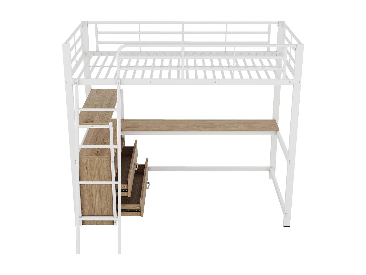 Lit mezzanine 90 x 200 cm avec bureau en L - 2 tiroirs et étagère - Métal+MDF - Sommier à lattes - Blanc (sans matelas)