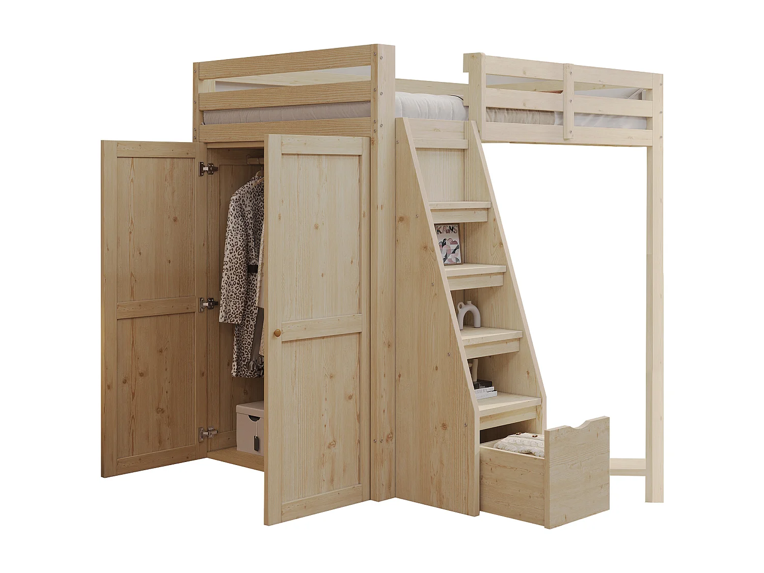 Letto a soppalco 90 x 200 cm con armadio e 1 cassetto - Legno massello + compensato + MDF - Rete a doghe - Naturale (senza materasso)