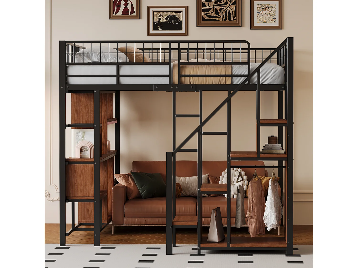 Letto a soppalco multifunzionale 140 x 200 cm, letto in metallo con contenitore, ripiani e scale, letto per adulti e lettino per bambini