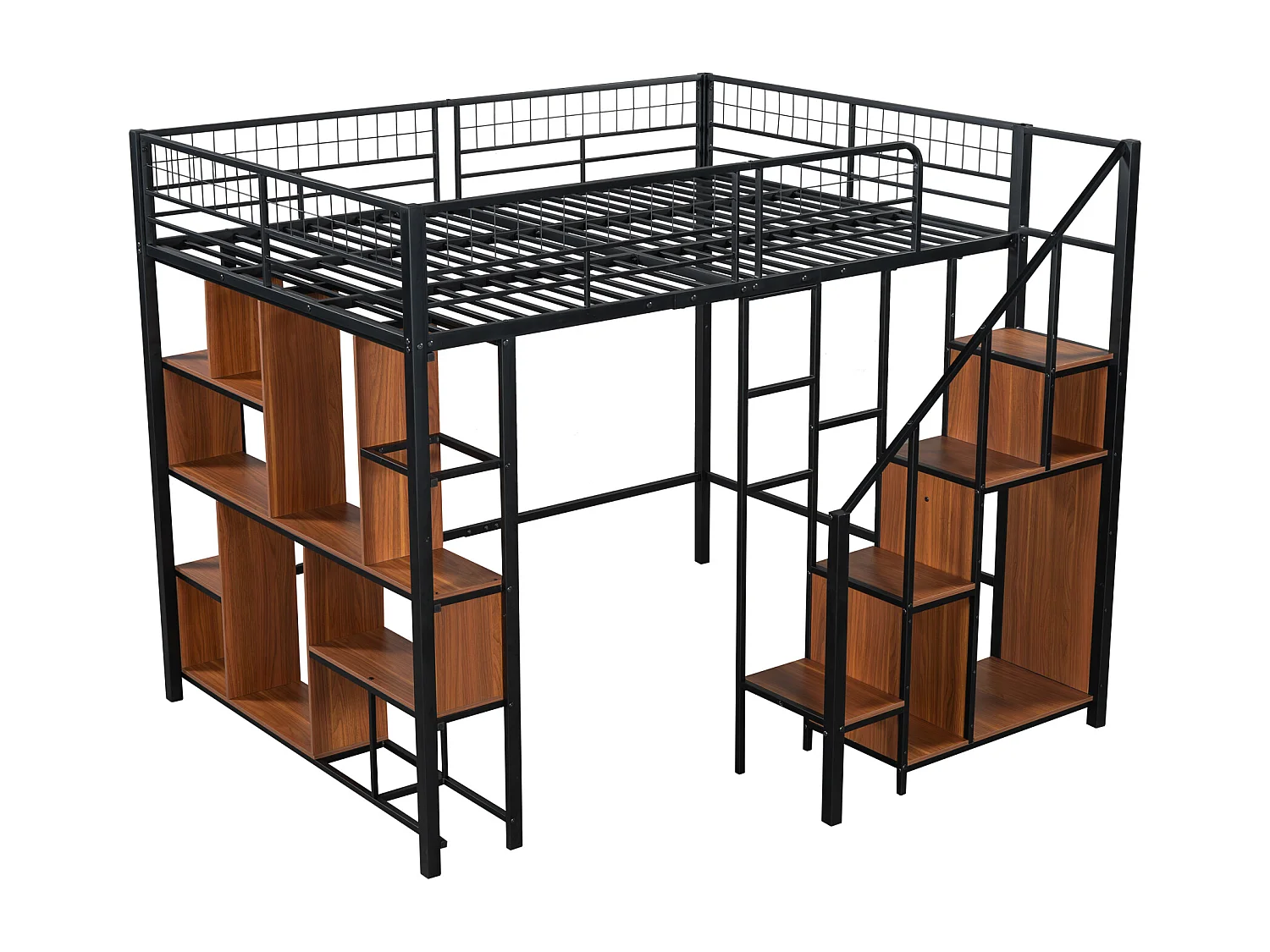 Letto a soppalco multifunzionale 140 x 200 cm, letto in metallo con contenitore, ripiani e scale, letto per adulti e lettino per bambini