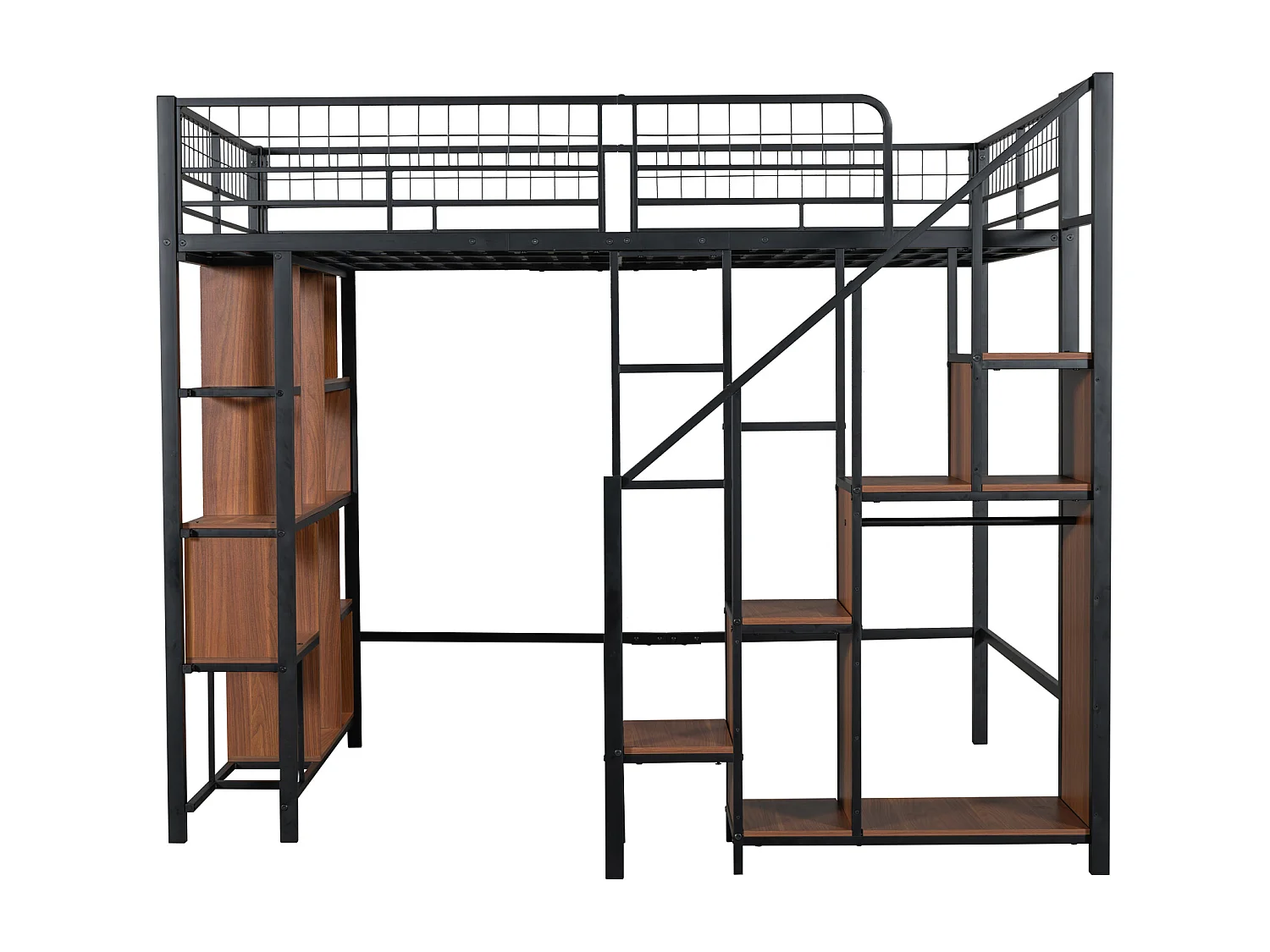 Letto a soppalco multifunzionale 140 x 200 cm, letto in metallo con contenitore, ripiani e scale, letto per adulti e lettino per bambini