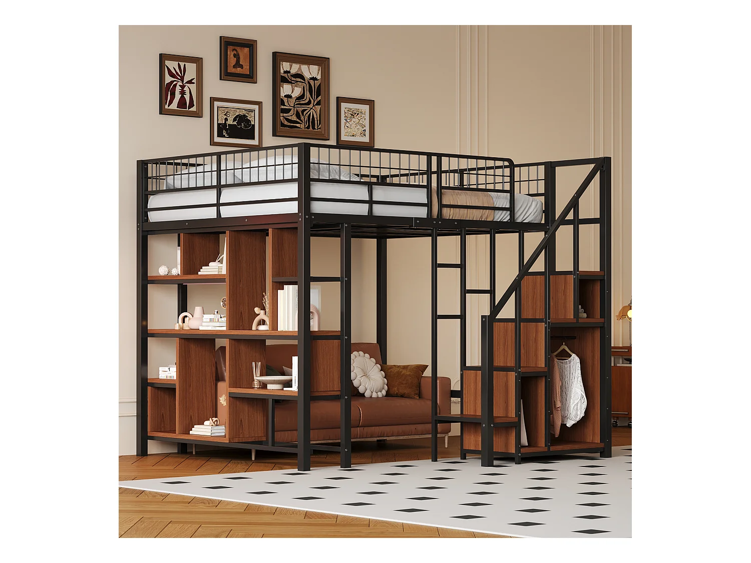 Letto a soppalco multifunzionale 140 x 200 cm, letto in metallo con contenitore, ripiani e scale, letto per adulti e lettino per bambini