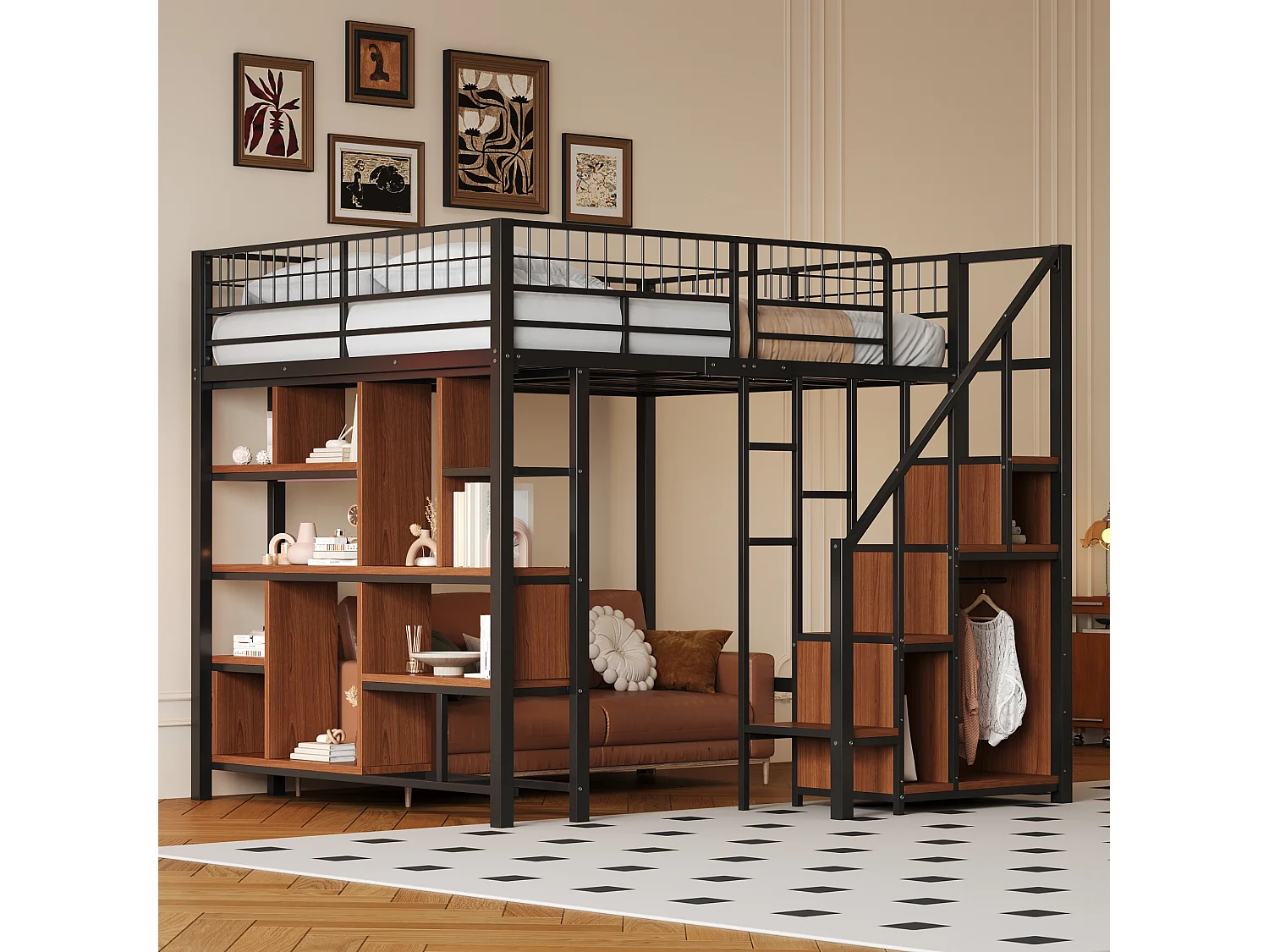 Cama alta multifuncional 140 x 200 cm, cama de metal com arrumação, prateleiras e escadas, cama de adulto e cama de criança