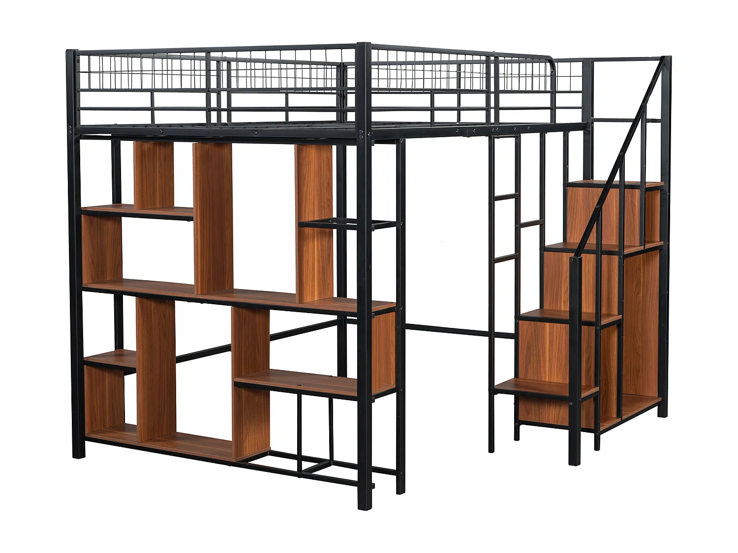 Cama alta multifuncional 140 x 200 cm, cama de metal com arrumação, prateleiras e escadas, cama de adulto e cama de criança