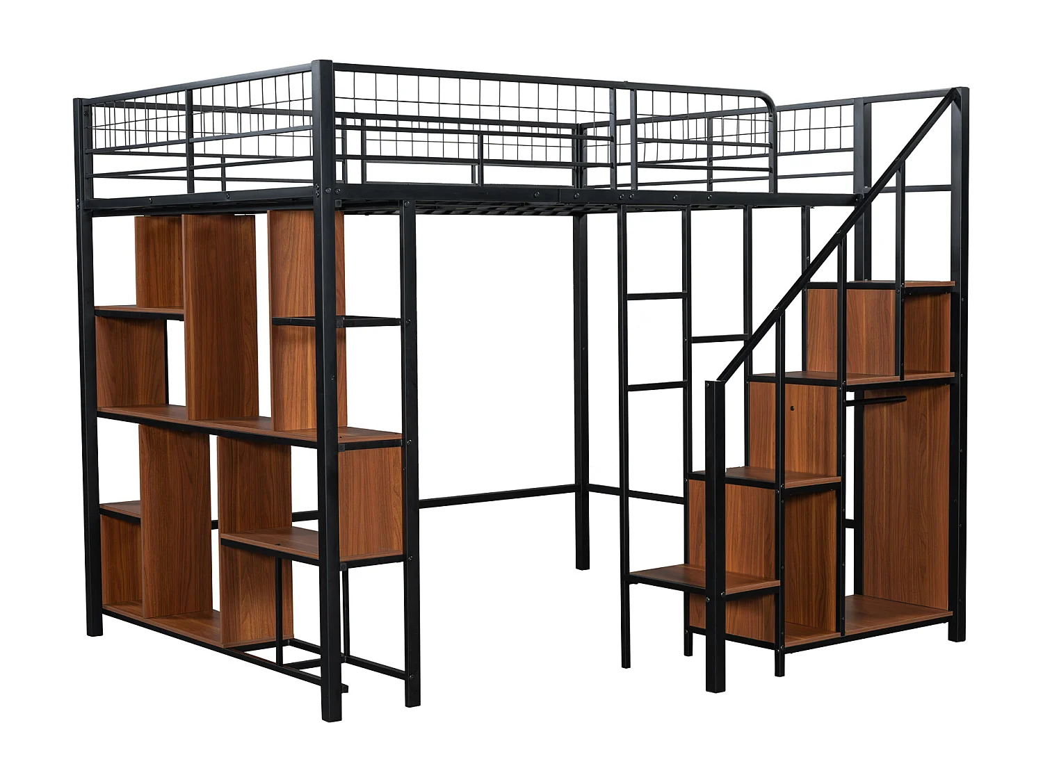 Cama alta multifuncional 140 x 200 cm, cama de metal com arrumação, prateleiras e escadas, cama de adulto e cama de criança