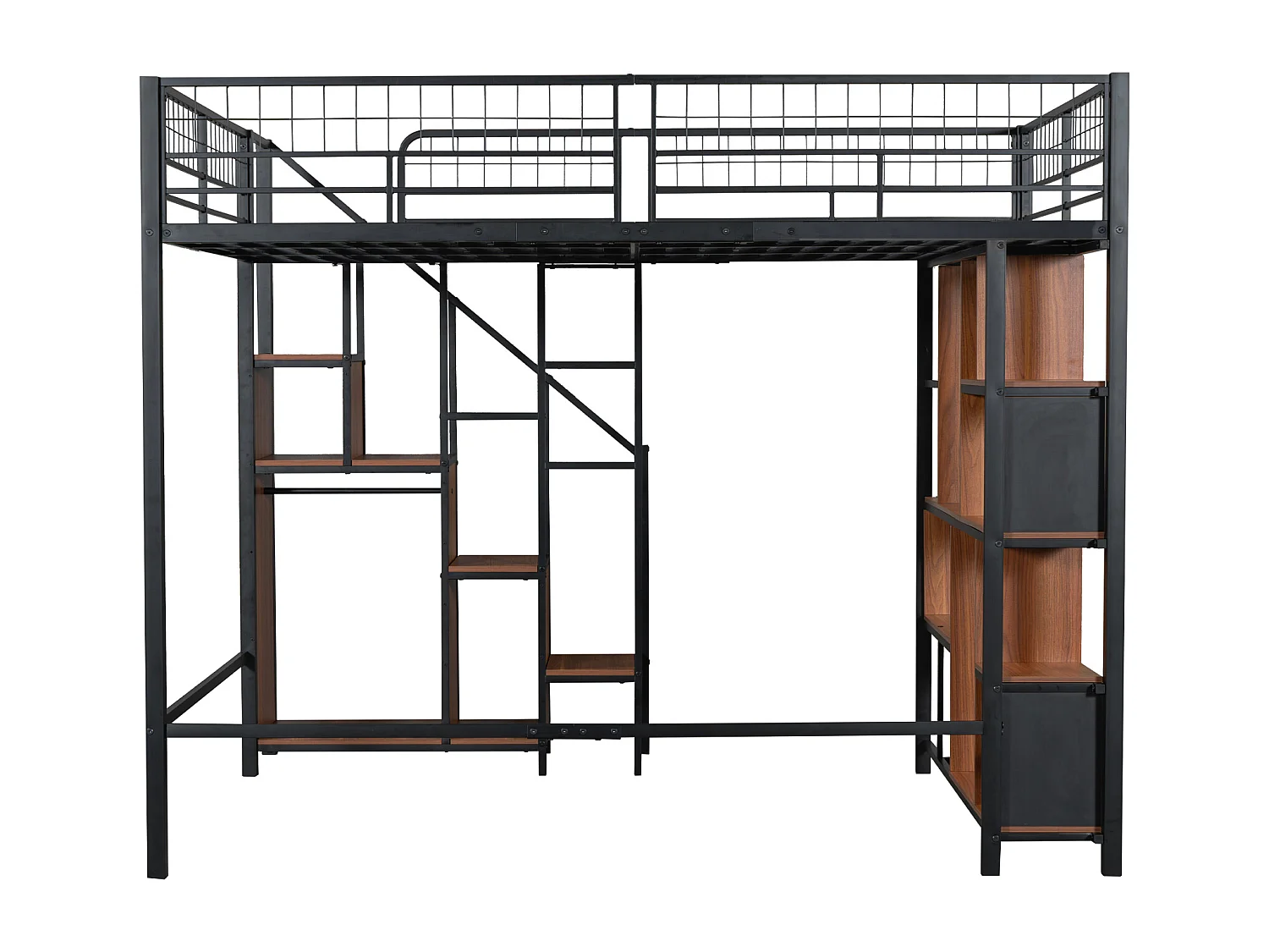 Cama alta multifuncional 140 x 200 cm, cama de metal com arrumação, prateleiras e escadas, cama de adulto e cama de criança