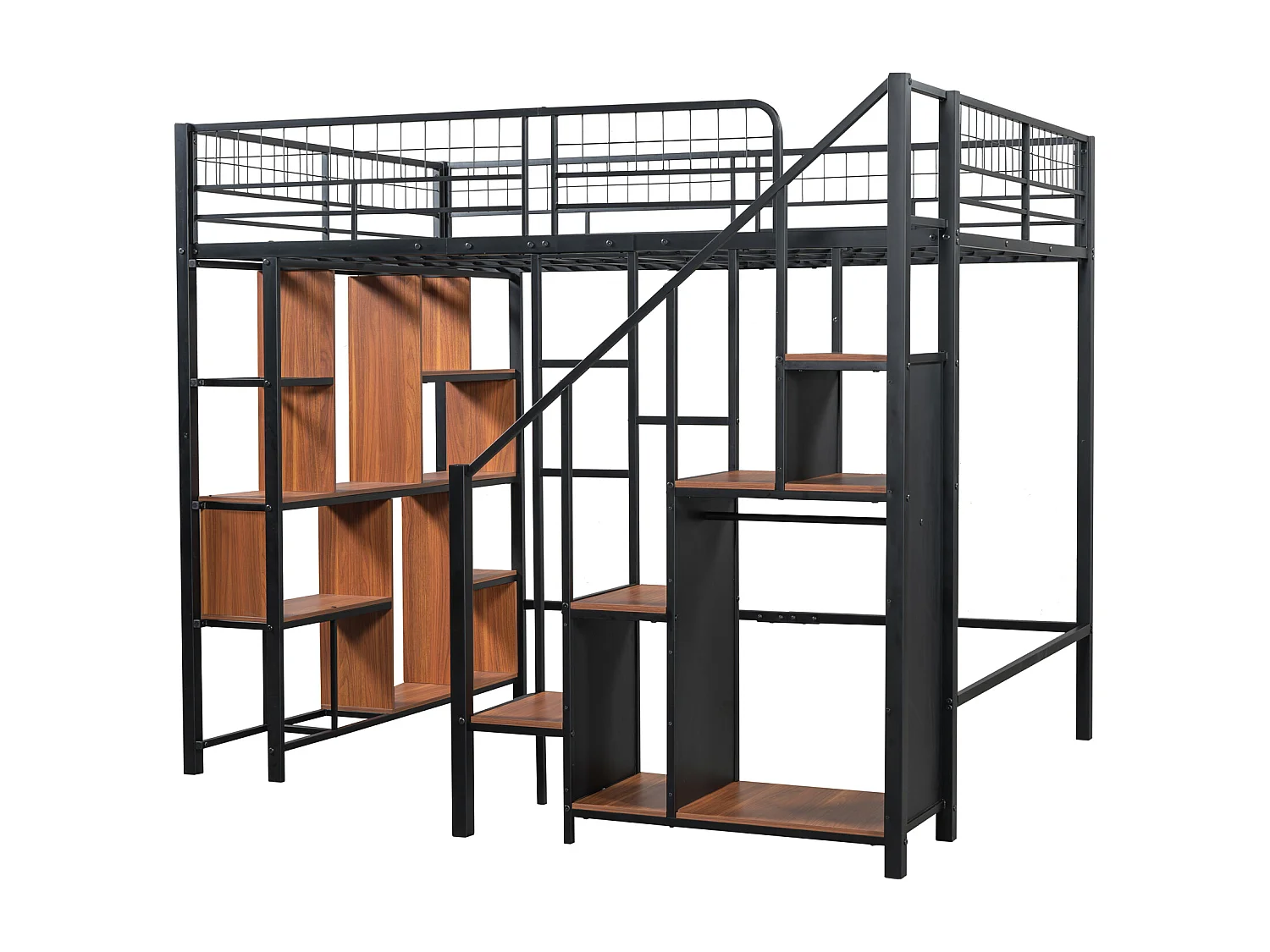 Cama alta multifuncional 140 x 200 cm, cama de metal com arrumação, prateleiras e escadas, cama de adulto e cama de criança