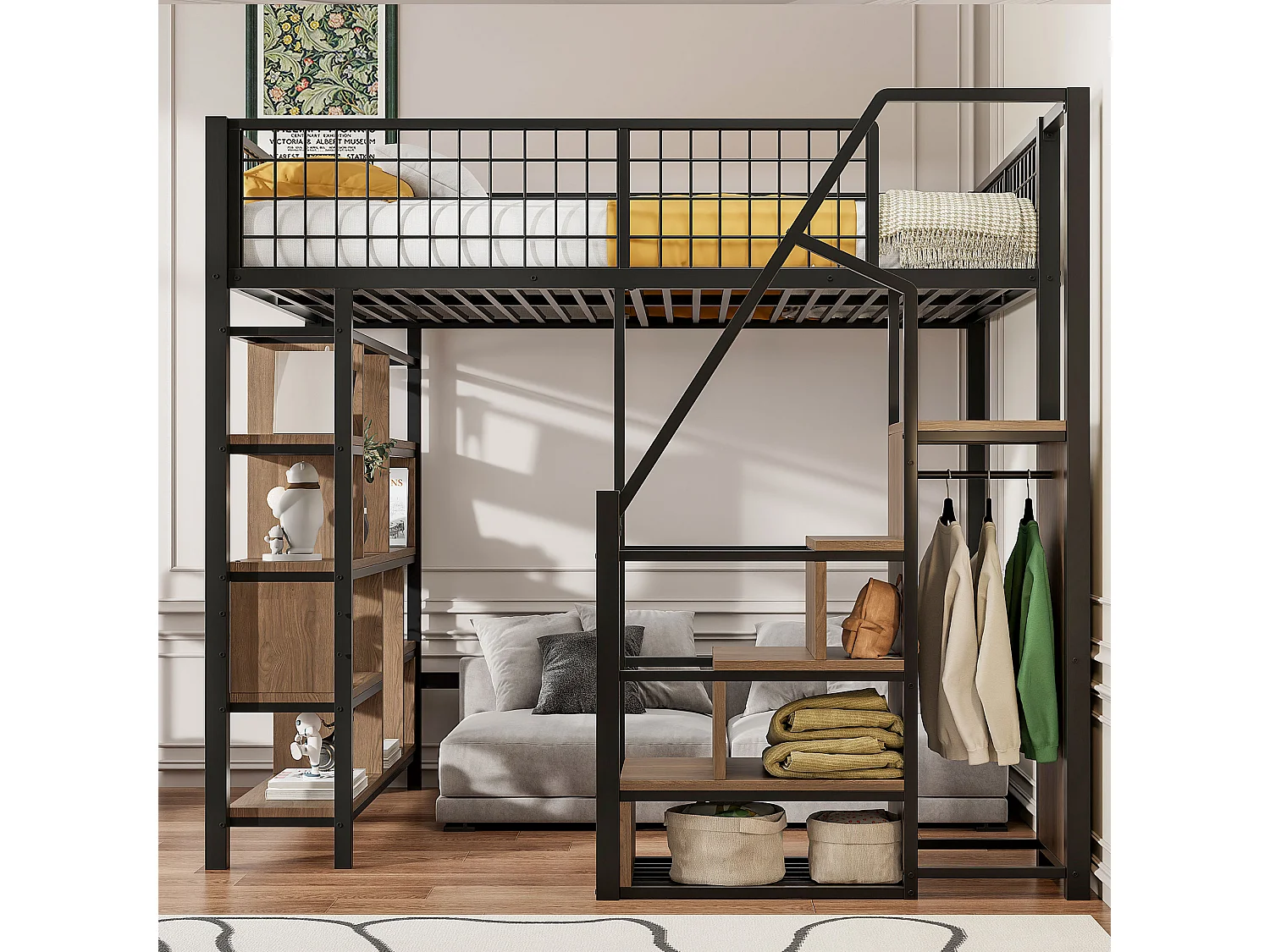 Letto a soppalco multifunzionale 140 x 200 cm, letto in metallo con contenitore, ripiani e scale, letto per adulti e lettino per bambini