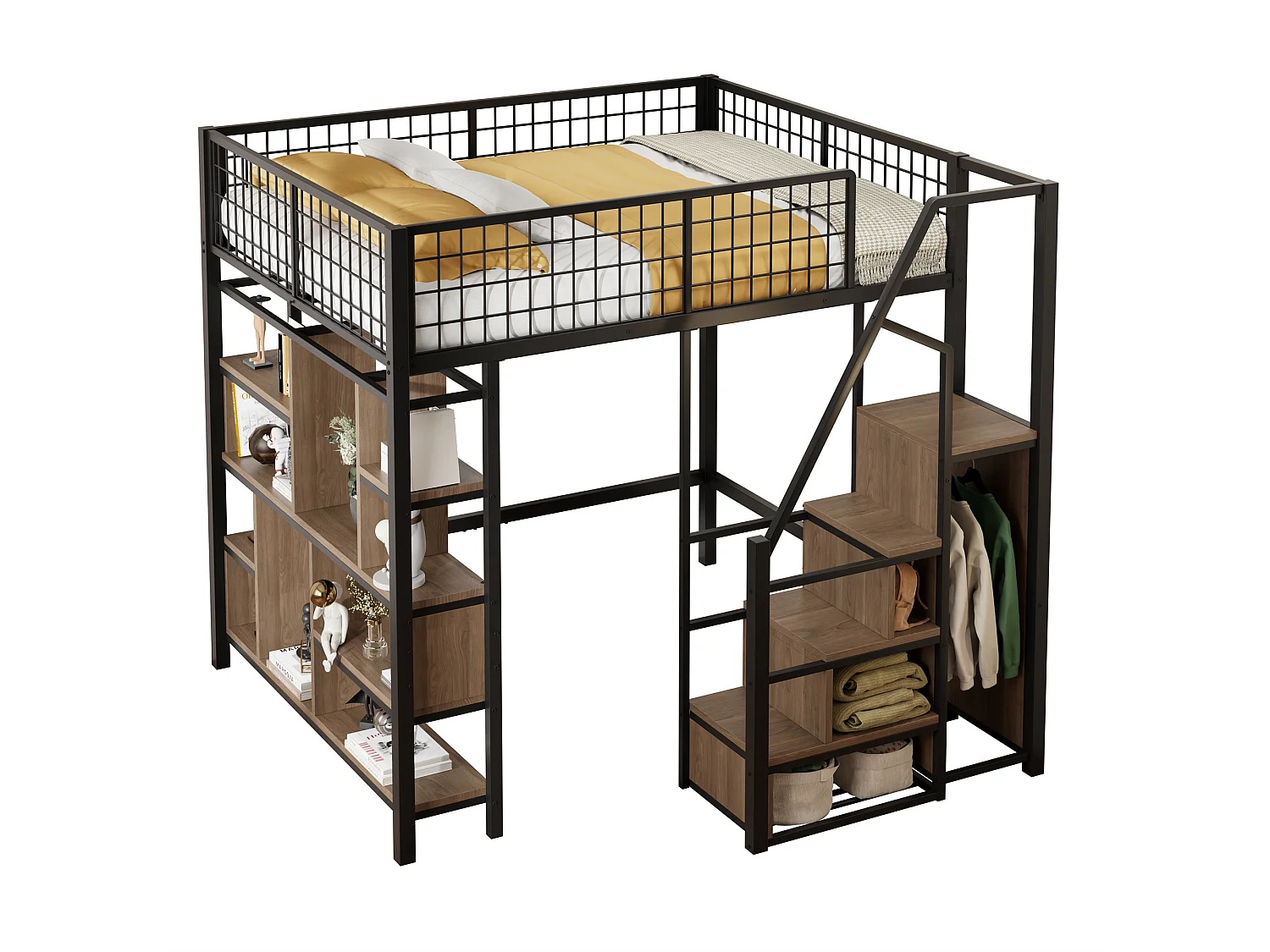 Letto a soppalco multifunzionale 140 x 200 cm, letto in metallo con contenitore, ripiani e scale, letto per adulti e lettino per bambini