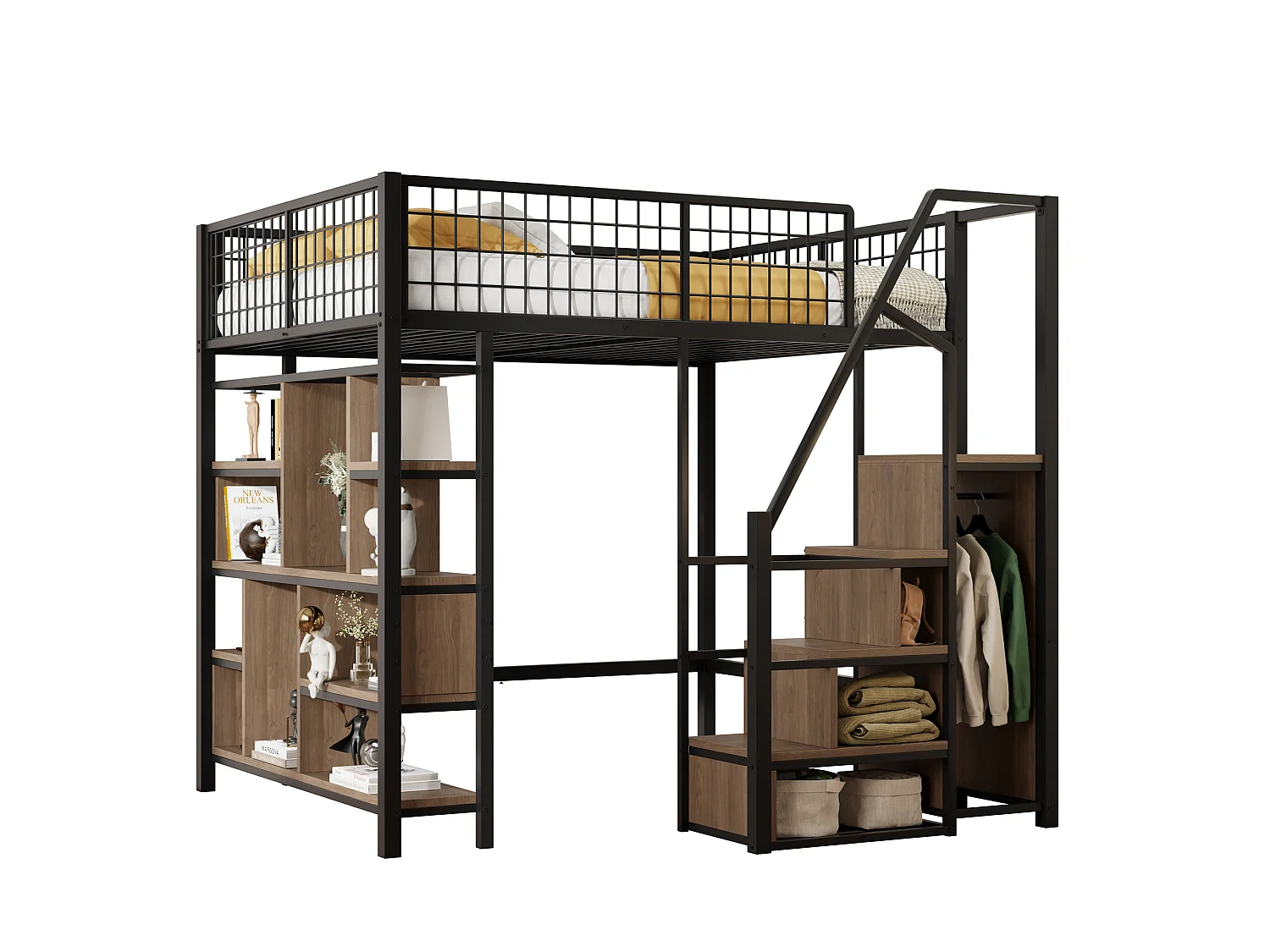 Letto a soppalco multifunzionale 140 x 200 cm, letto in metallo con contenitore, ripiani e scale, letto per adulti e lettino per bambini