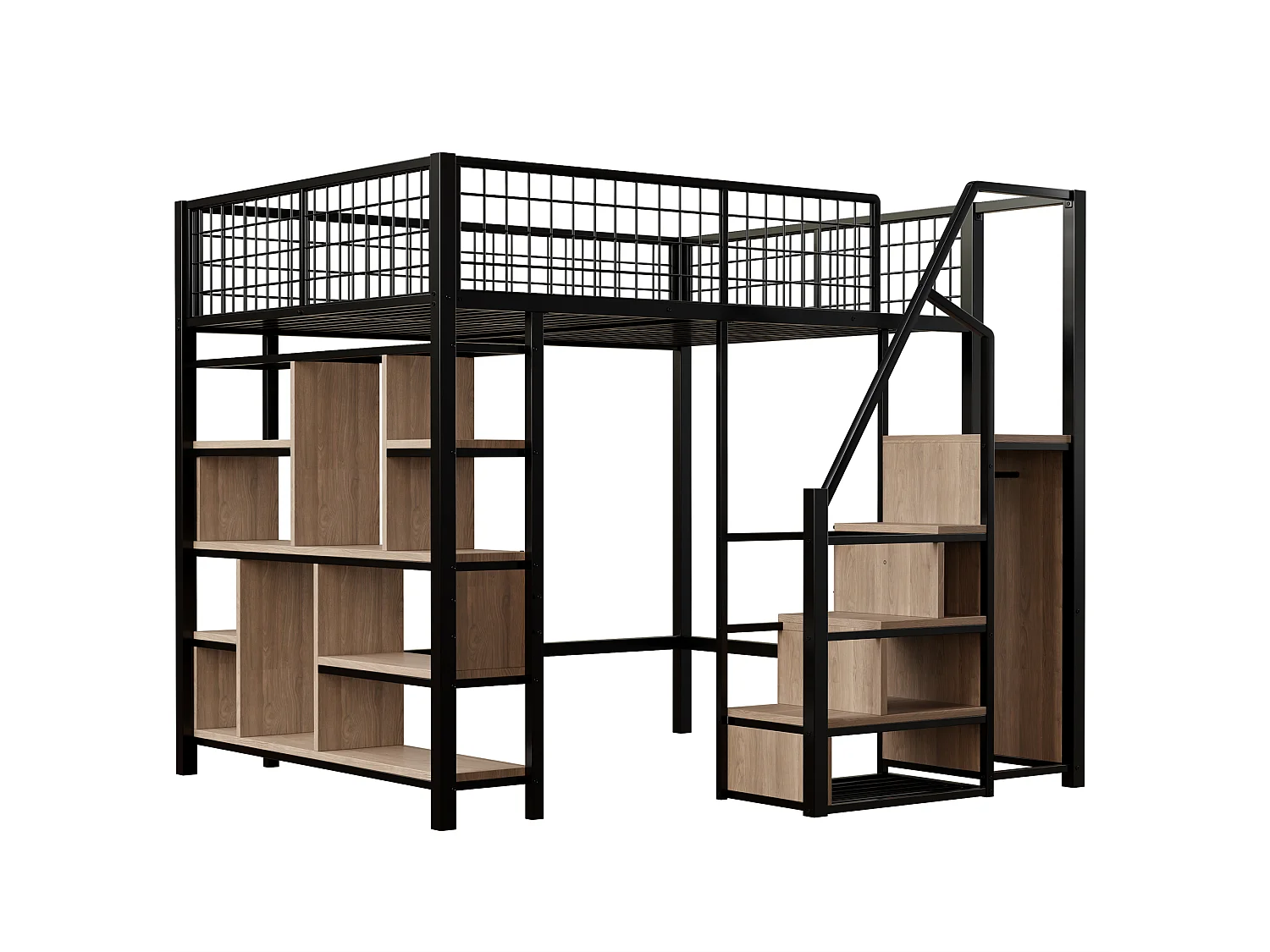 Letto a soppalco multifunzionale 140 x 200 cm, letto in metallo con contenitore, ripiani e scale, letto per adulti e lettino per bambini