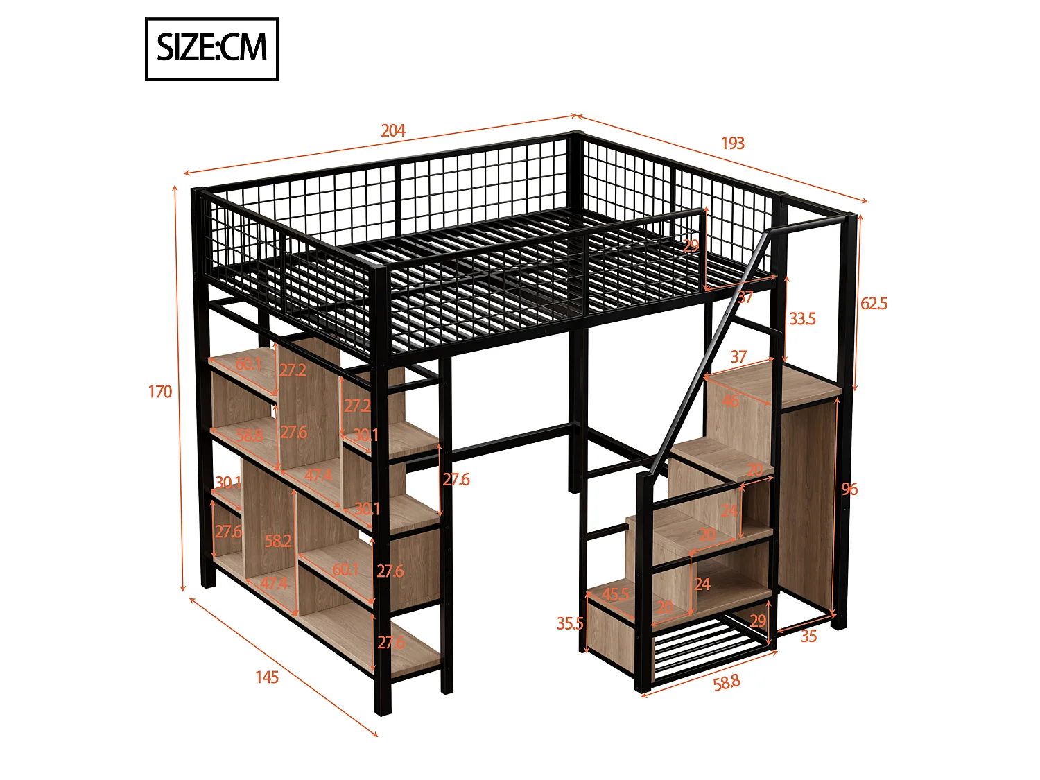 Letto a soppalco multifunzionale 140 x 200 cm, letto in metallo con contenitore, ripiani e scale, letto per adulti e lettino per bambini