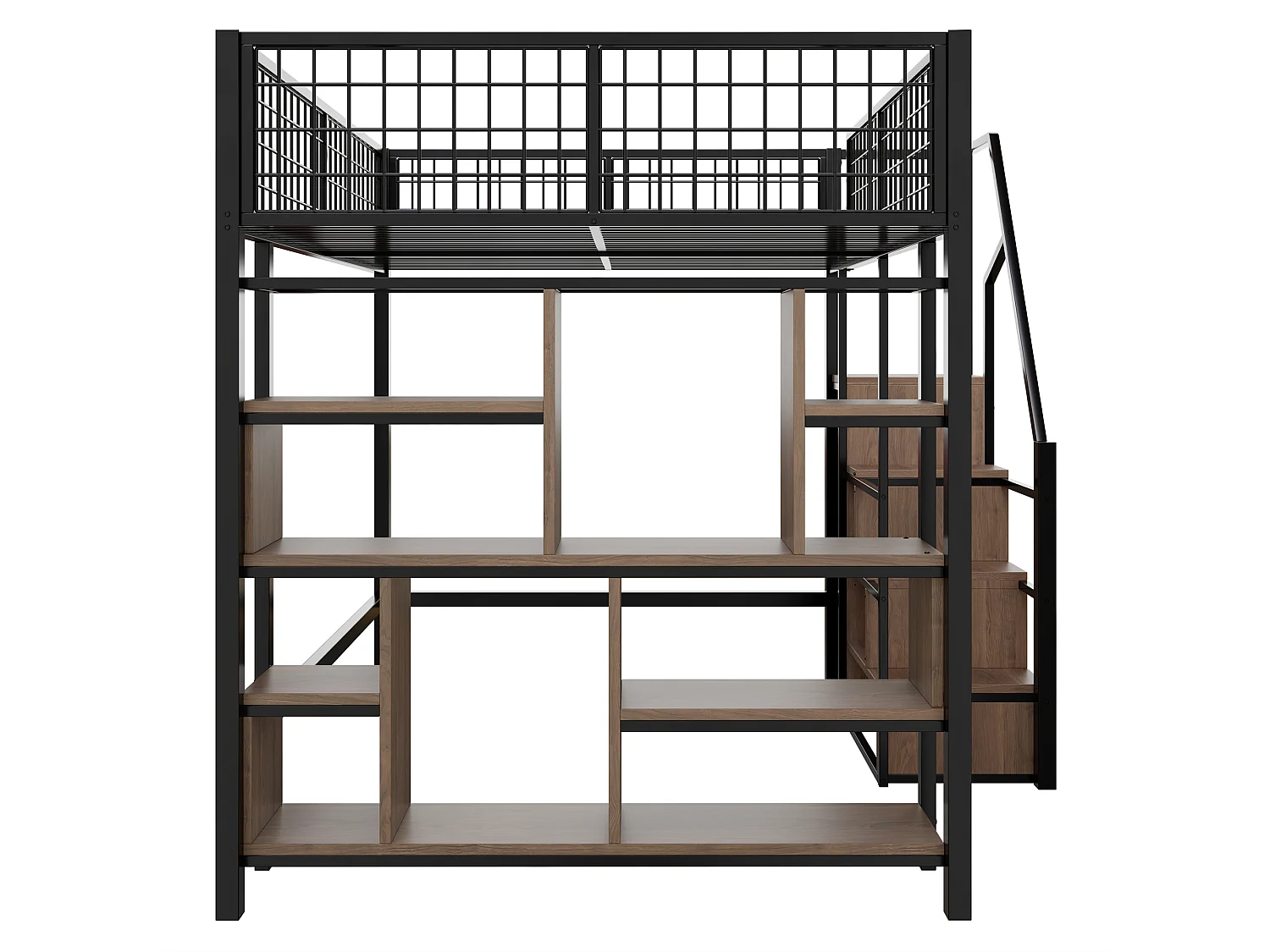 Letto a soppalco multifunzionale 140 x 200 cm, letto in metallo con contenitore, ripiani e scale, letto per adulti e lettino per bambini