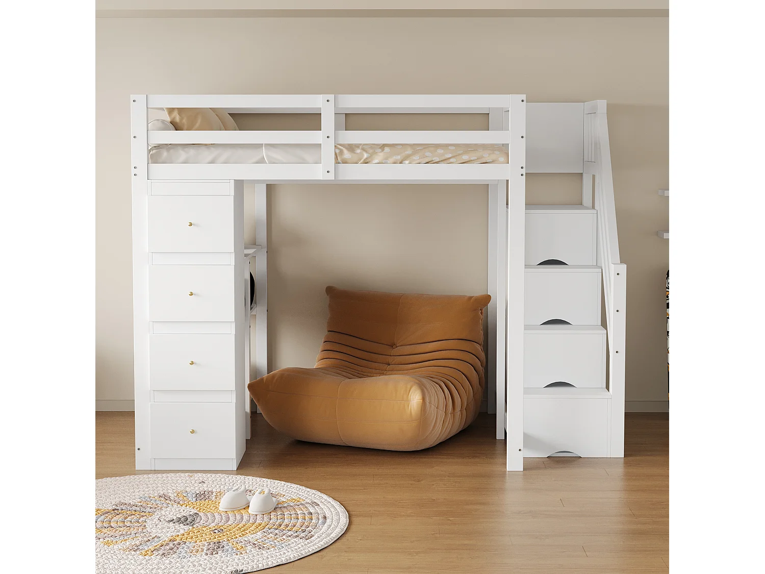 Cama alta 140 x 200 cm con 4 cajones, 4 puertas y estantes de almacenamiento - Madera maciza + MDF - Somier de láminas - Natural + blanco