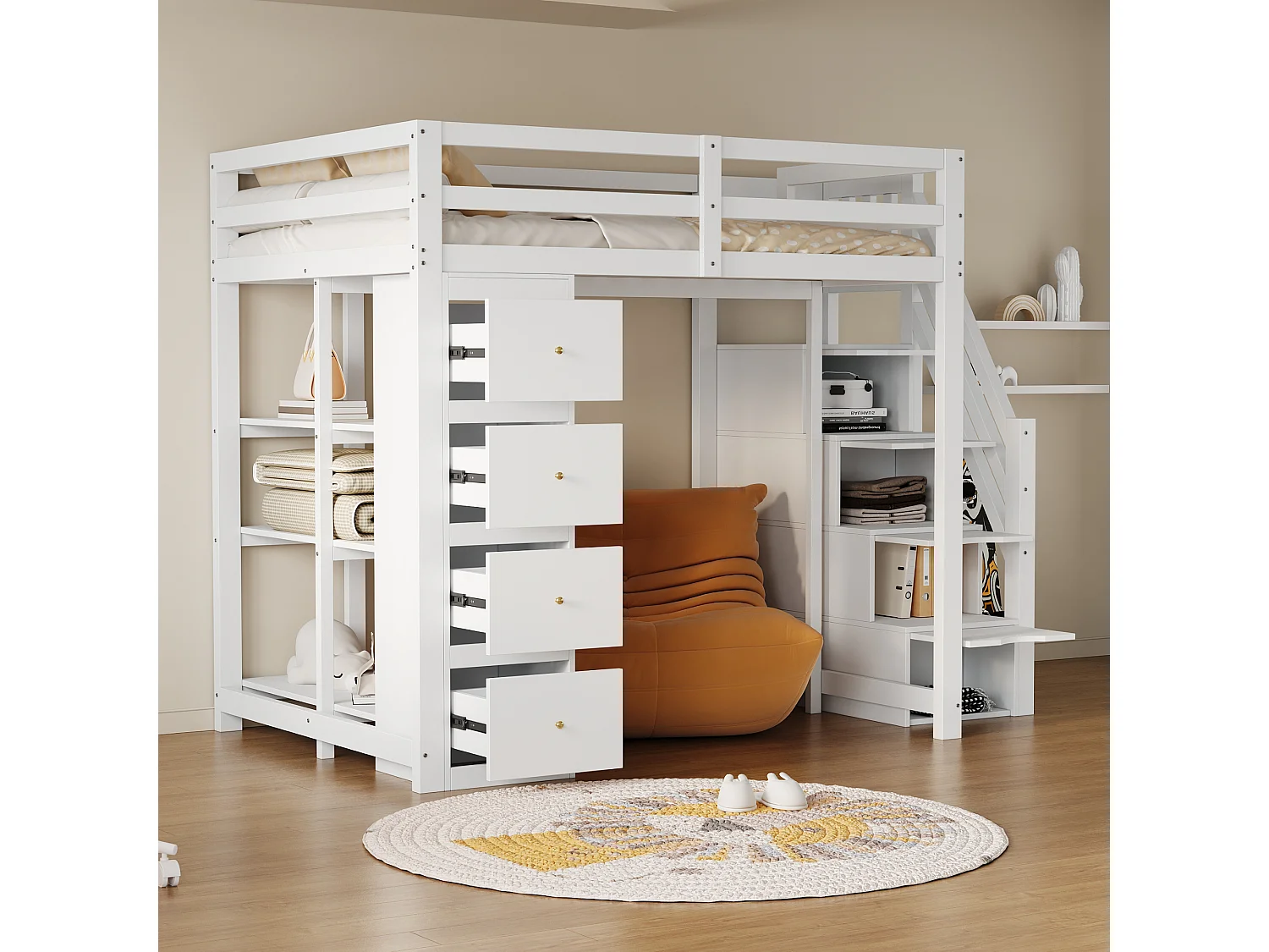 Cama alta 140 x 200 cm con 4 cajones, 4 puertas y estantes de almacenamiento - Madera maciza + MDF - Somier de láminas - Natural + blanco