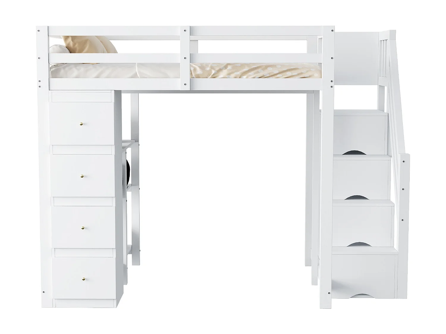 Cama alta 140 x 200 cm con 4 cajones, 4 puertas y estantes de almacenamiento - Madera maciza + MDF - Somier de láminas - Natural + blanco
