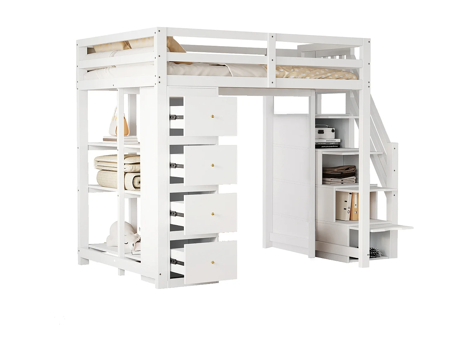 Cama alta 140 x 200 cm con 4 cajones, 4 puertas y estantes de almacenamiento - Madera maciza + MDF - Somier de láminas - Natural + blanco