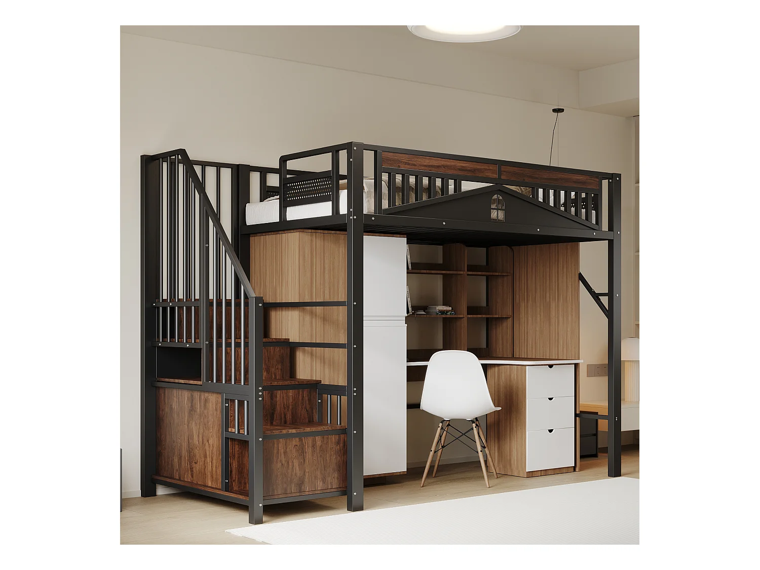 Lit mezzanine 90 x 200 cm avec espace de rangement - Métal + Contreplaqué + MDF - Sommier à lattes - Noir